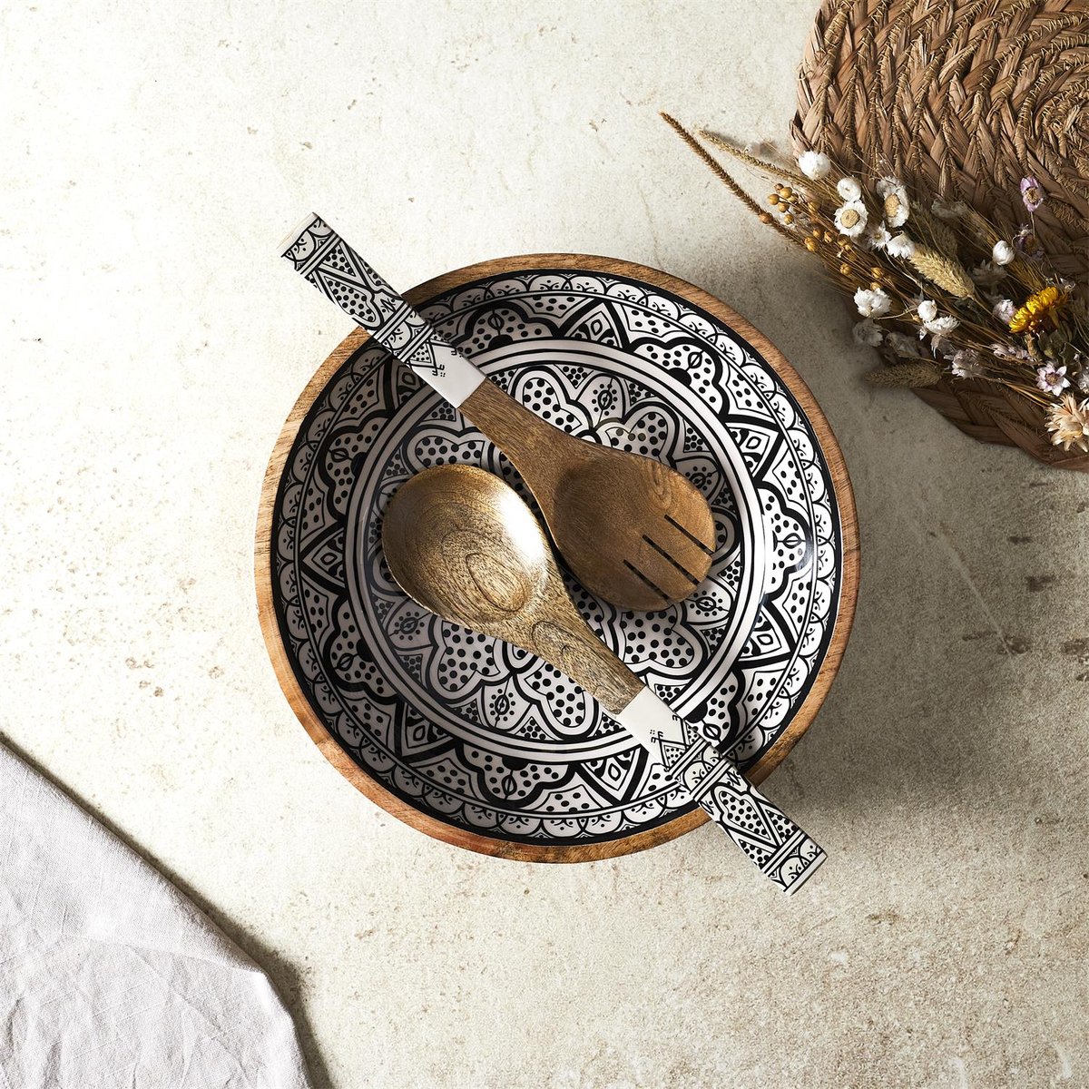 Set Saladier + Couverts en manguier Mira Orange noir, EDEN