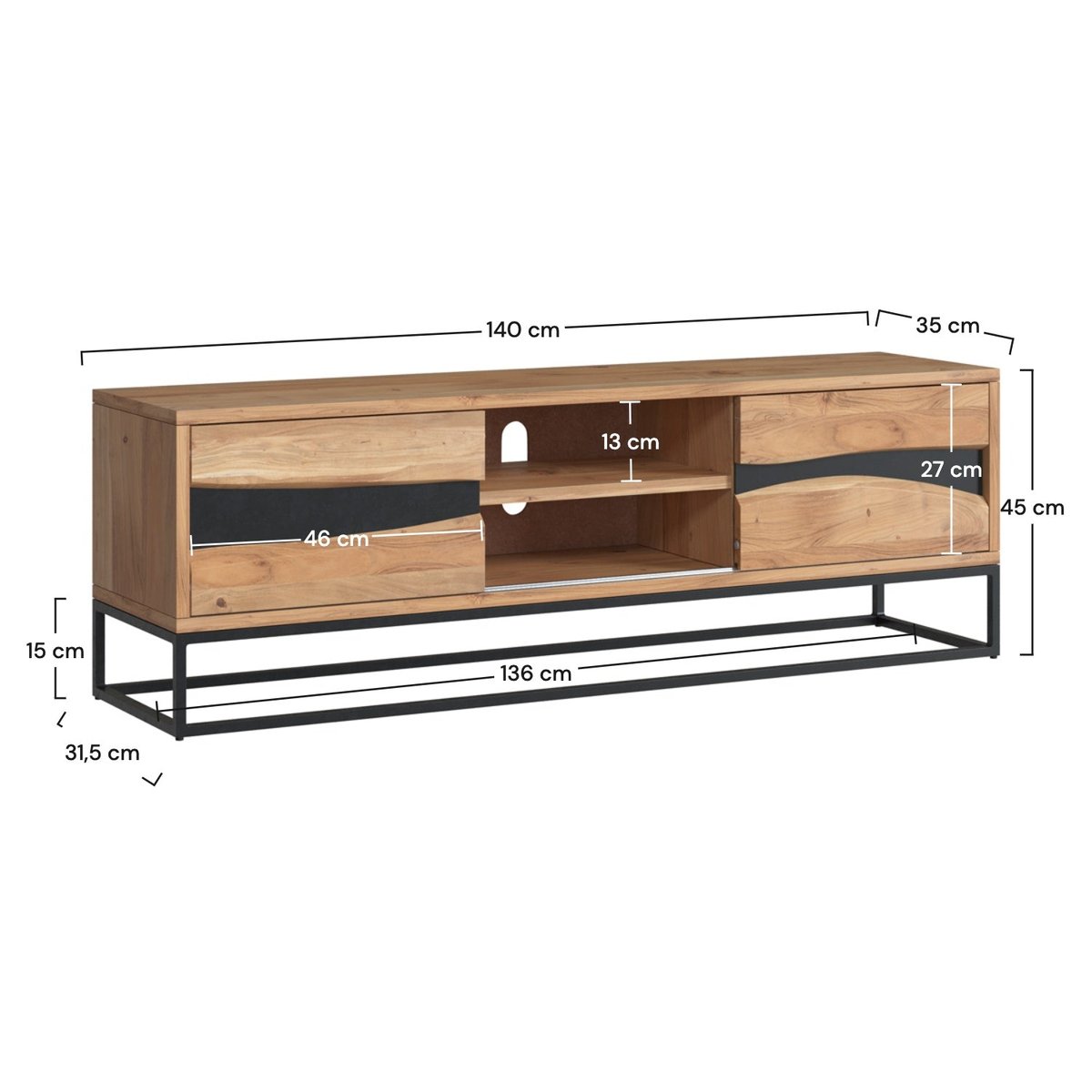Meuble TV en bois d'acacia massif et métal 140 cm - ALABAMA bois clair et noir, MAISON PAVANE
