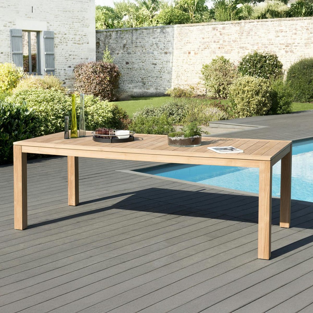 Table de jardin contemporaine rectangulaire en bois de teck 220x100cm BERGEN 10 personnes bois naturel, PIER IMPORT
