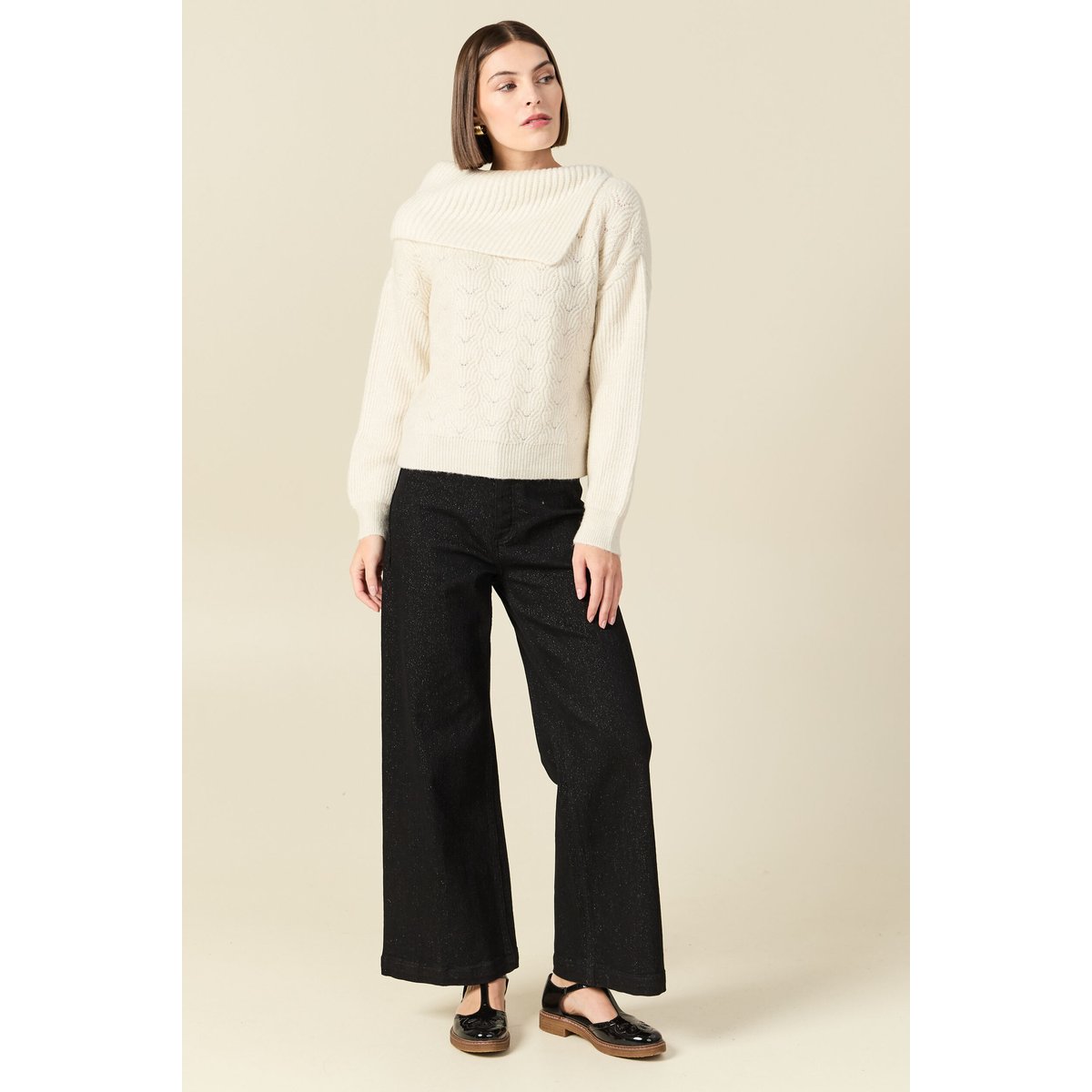 Pull ajouré manches longues bardot ecru, BONOBO