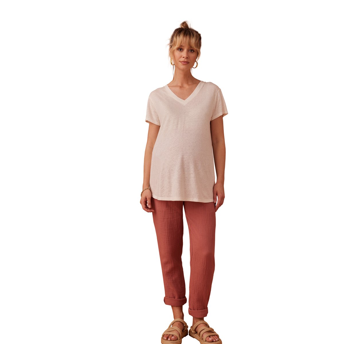 Pantalon grossesse en gaze de coton style paperbag vieux rose, ENVIE DE FRAISE