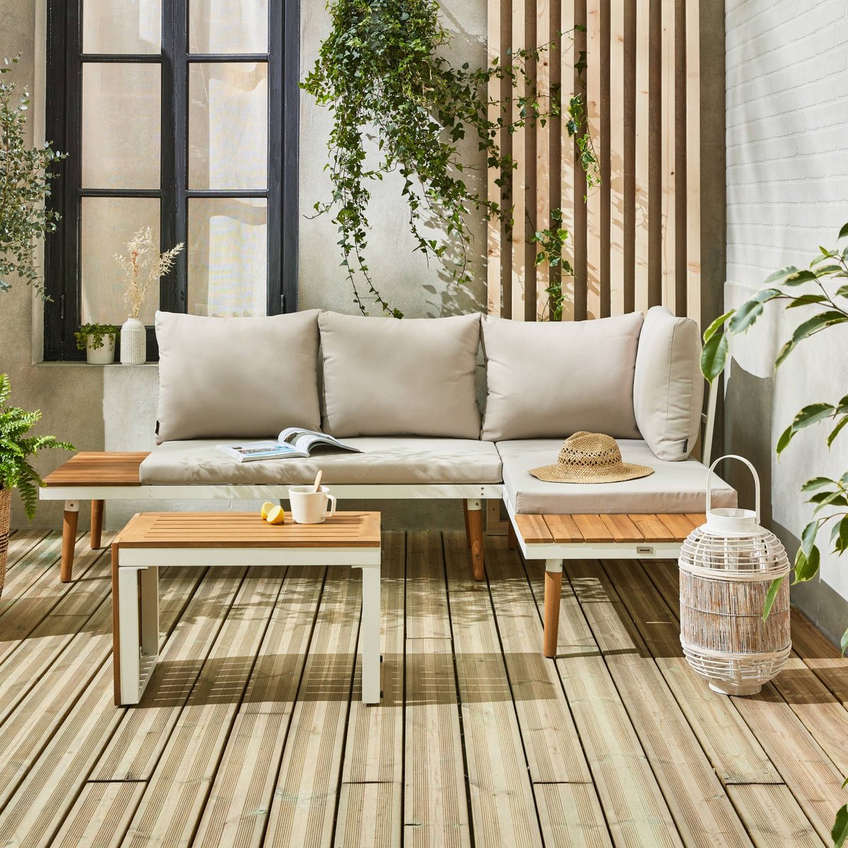 Salon de jardin modulable aluminium et bois d'acacia 4 places SAO PAULO blanc / beige, SWEEEK