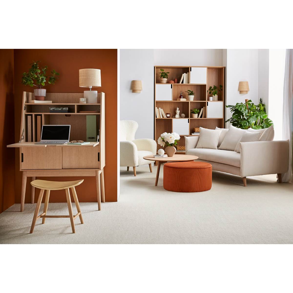 Tabouret bas en bois H46.5 DEMORY marron clair, MILIBOO