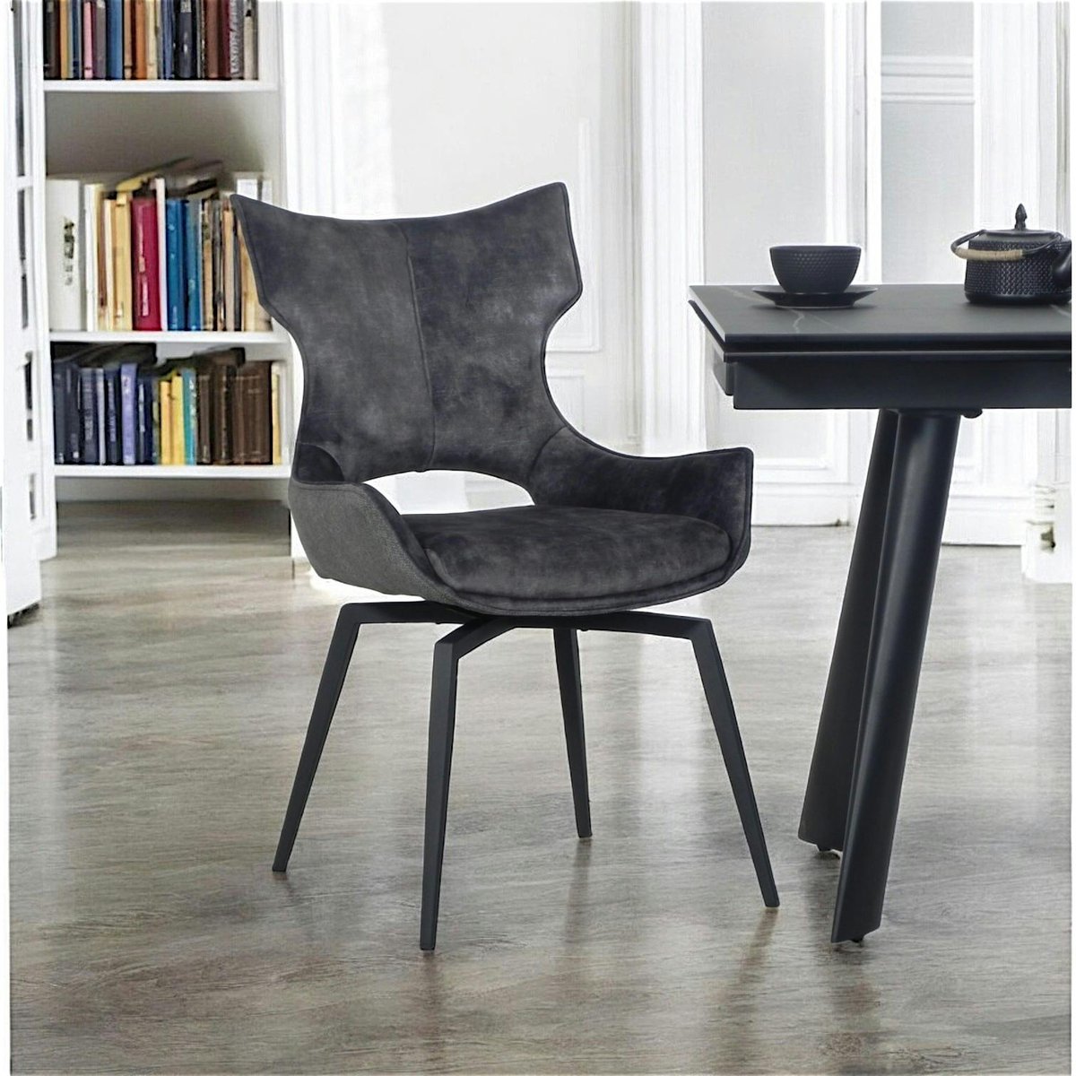 Chaise pivotante gris anthracite bi-matière, dossier en T (lot de 2) LOMBARDIE anthracite, PIER IMPORT