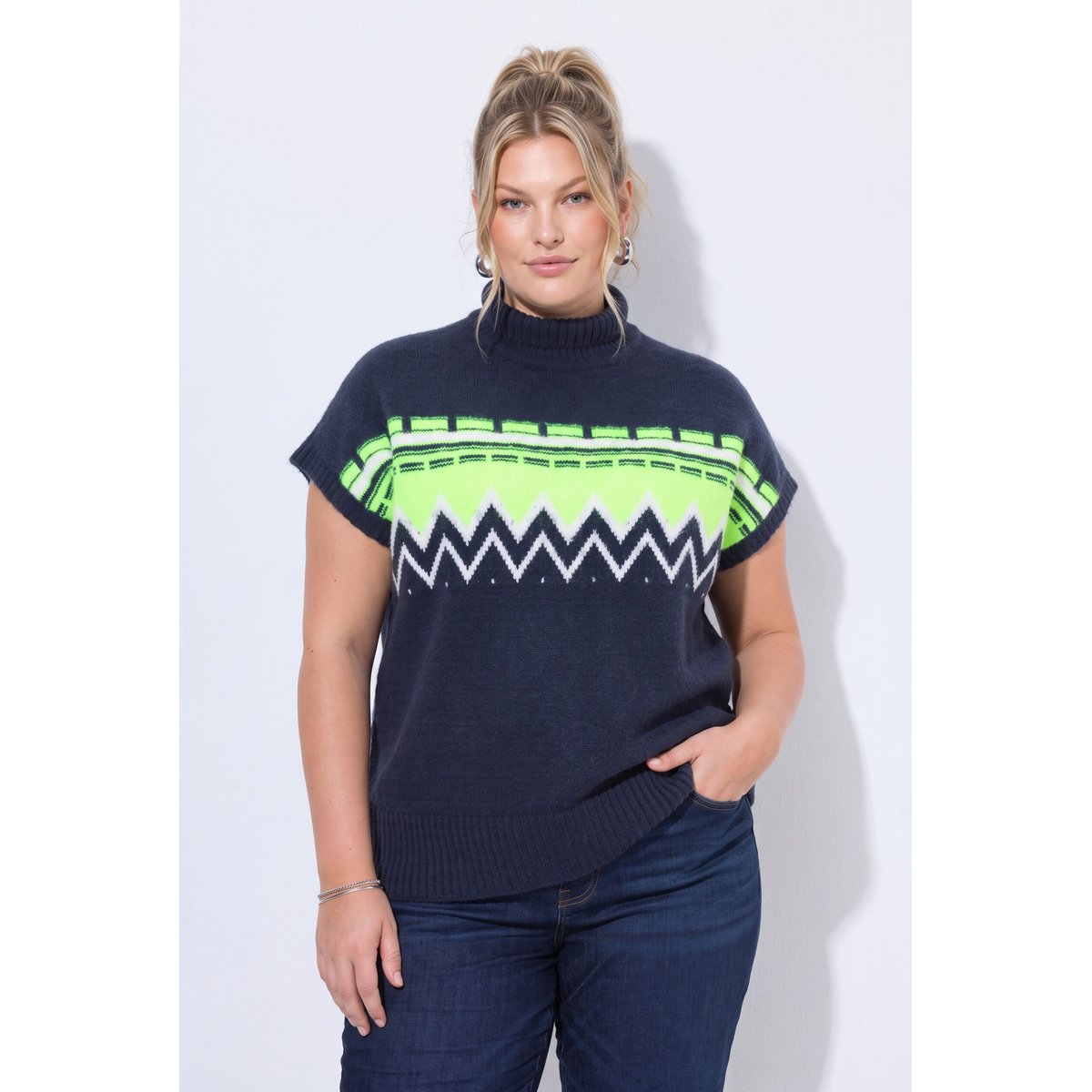 Pull sans manches, motif norvégien vert fluo, ULLA POPKEN