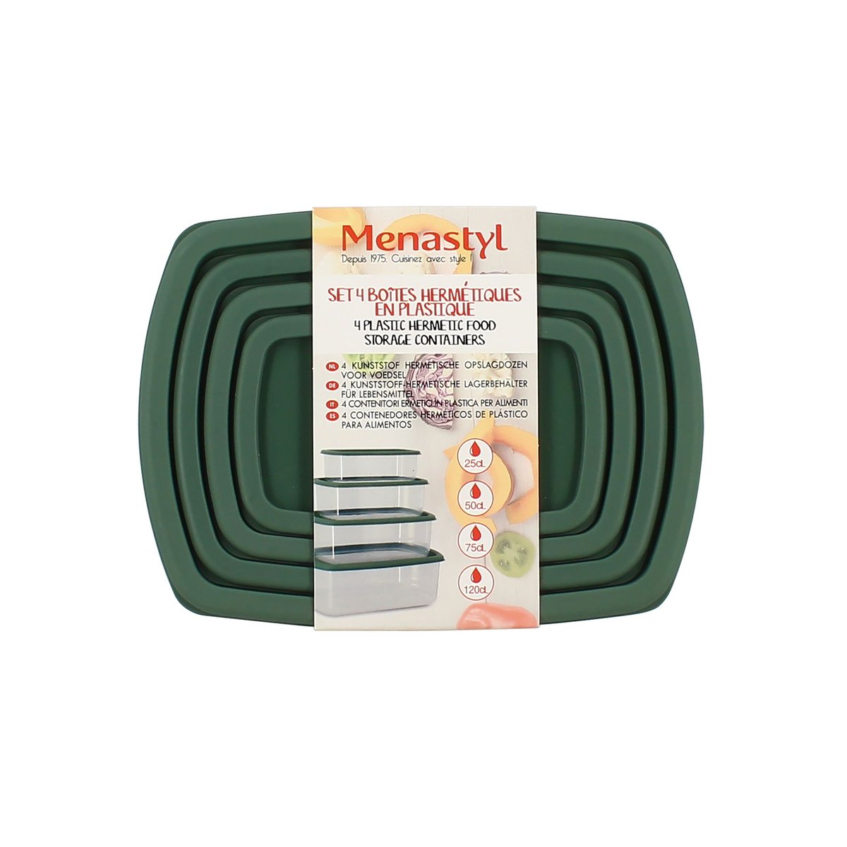 Set de 4 boites de conservation rectangulaire avec couvercle transparent-vert, MENASTYL