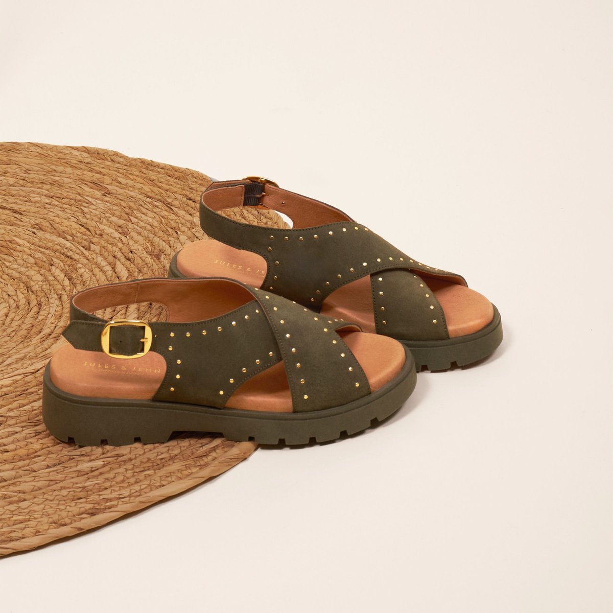 Sandales gomme Lou cuir daim kaki, JULES & JENN