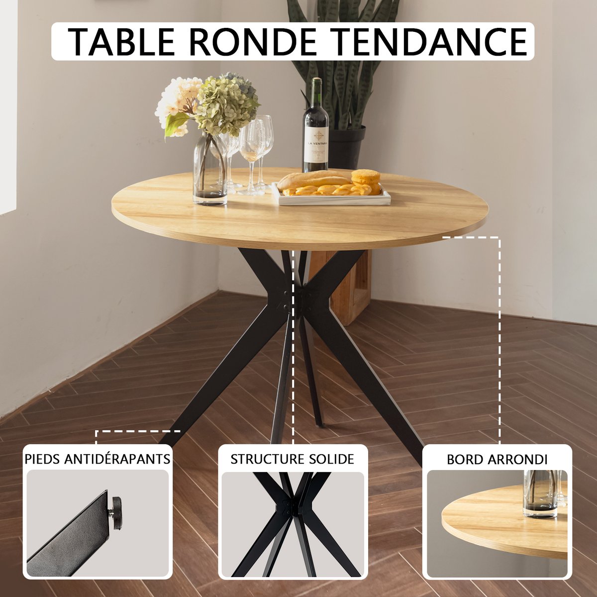 Table à manger ronde 4-6 personnes industriel, CLIFT noir, MEUBLES COSY