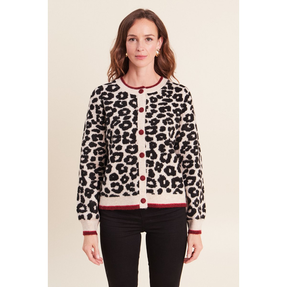 Gilet jacquard col rond manches longues marron, BREAL