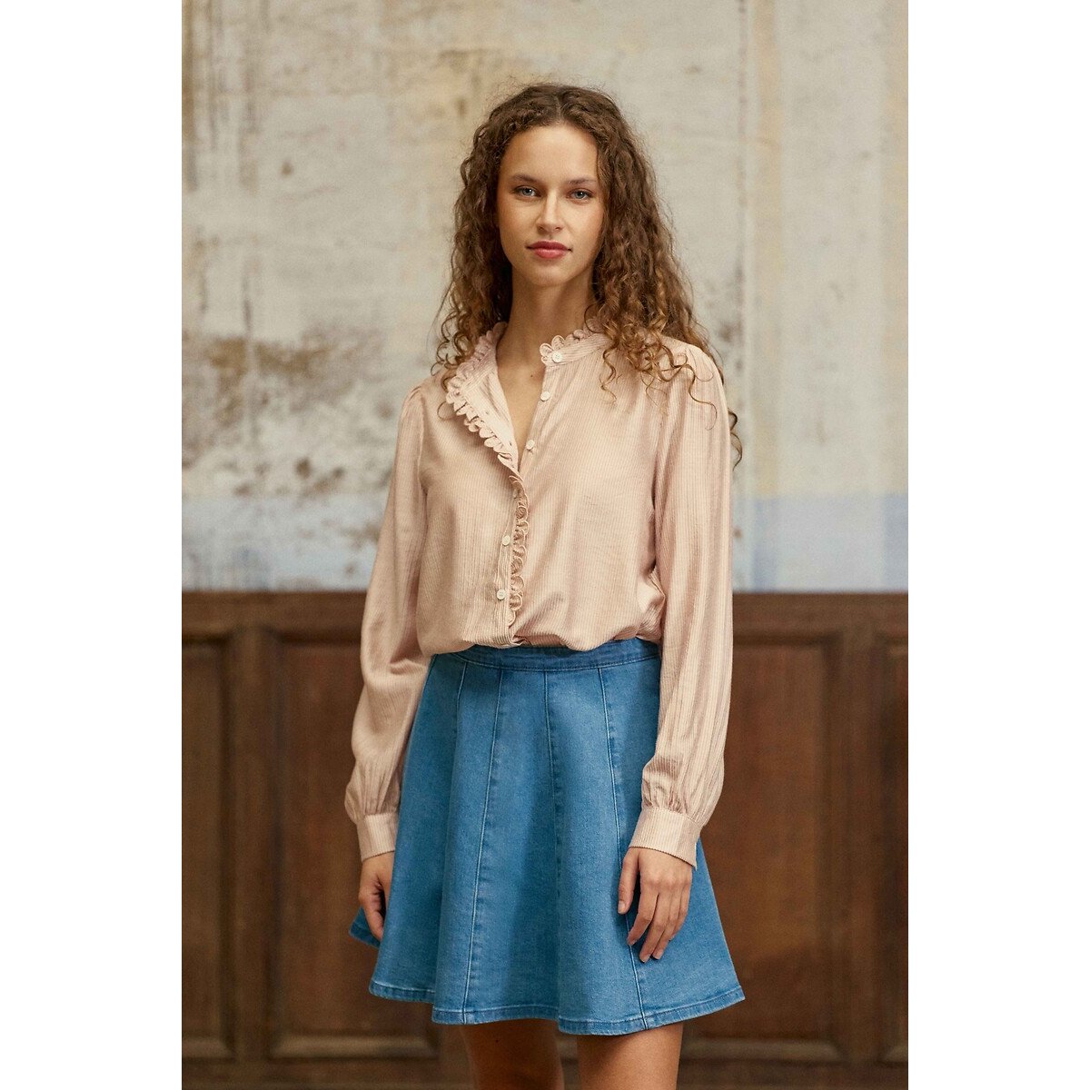 Blouse rayée manches longues col volanté, BOYA rose poudré, LA PETITE ETOILE