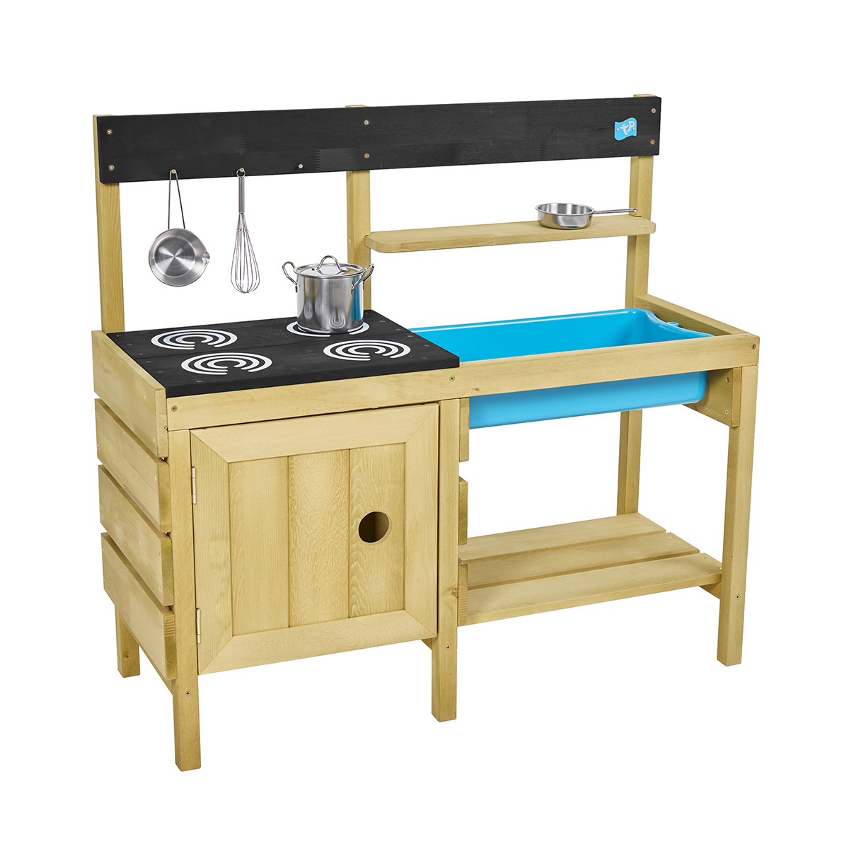 Cuisine extérieure en bois pour enfant marron - bleu - noir, CEMONJARDIN