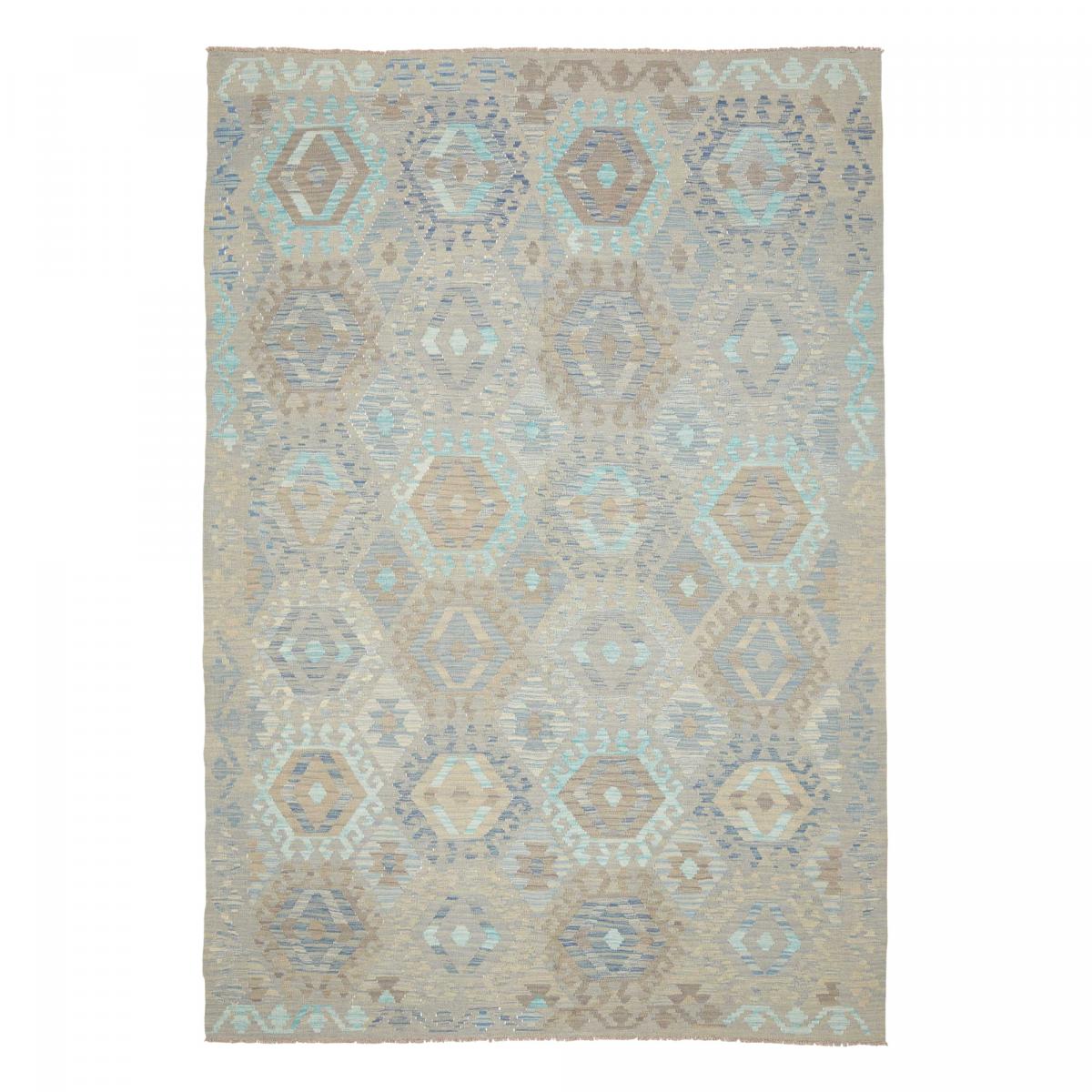 Tapis kilim, motif géométrique, tissé plat artisanal, KILIM 100 gris, beige, bleu, UN AMOUR DE TAPIS