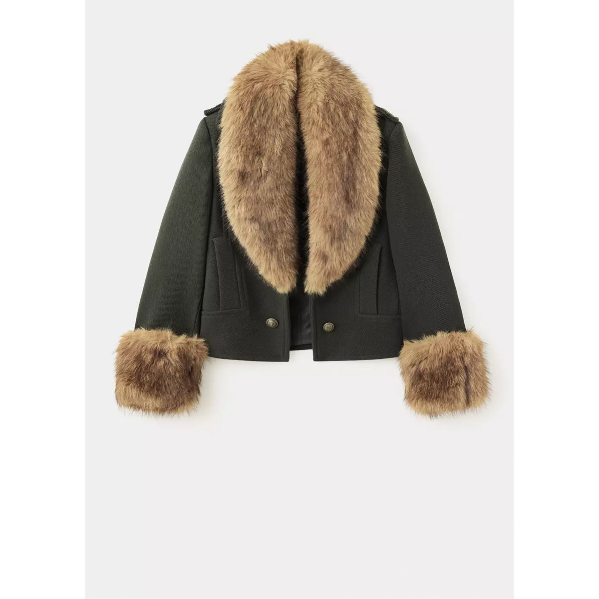 Manteau en mélange de laine avec poil amovible kaki, MANGO