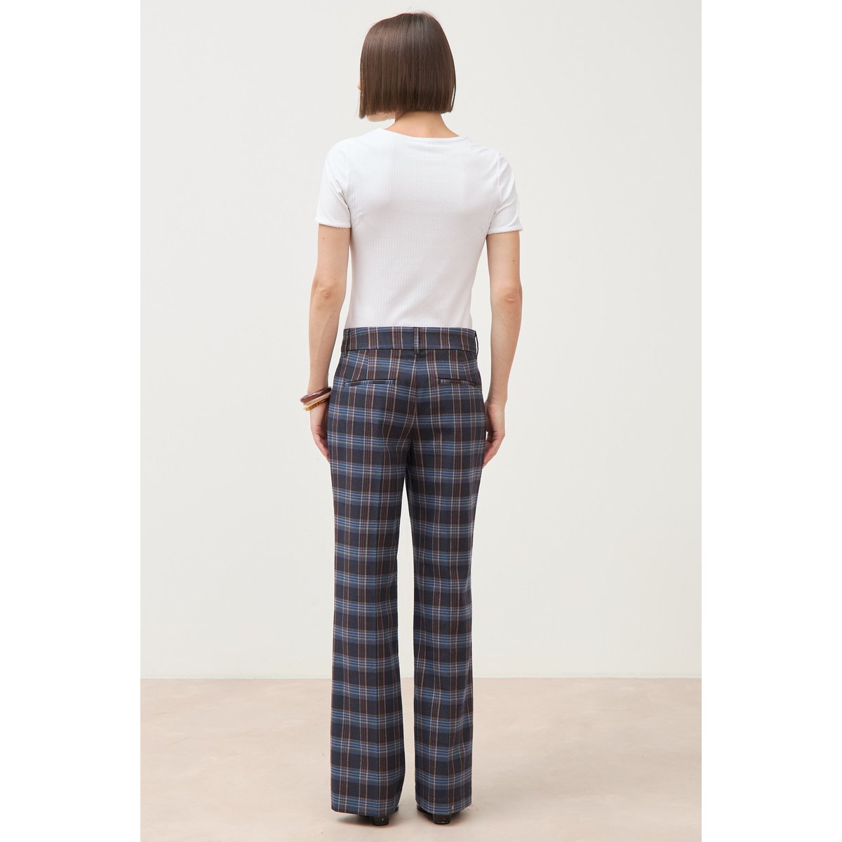Pantalon flare à carreaux taille haute bleu gris, BONOBO