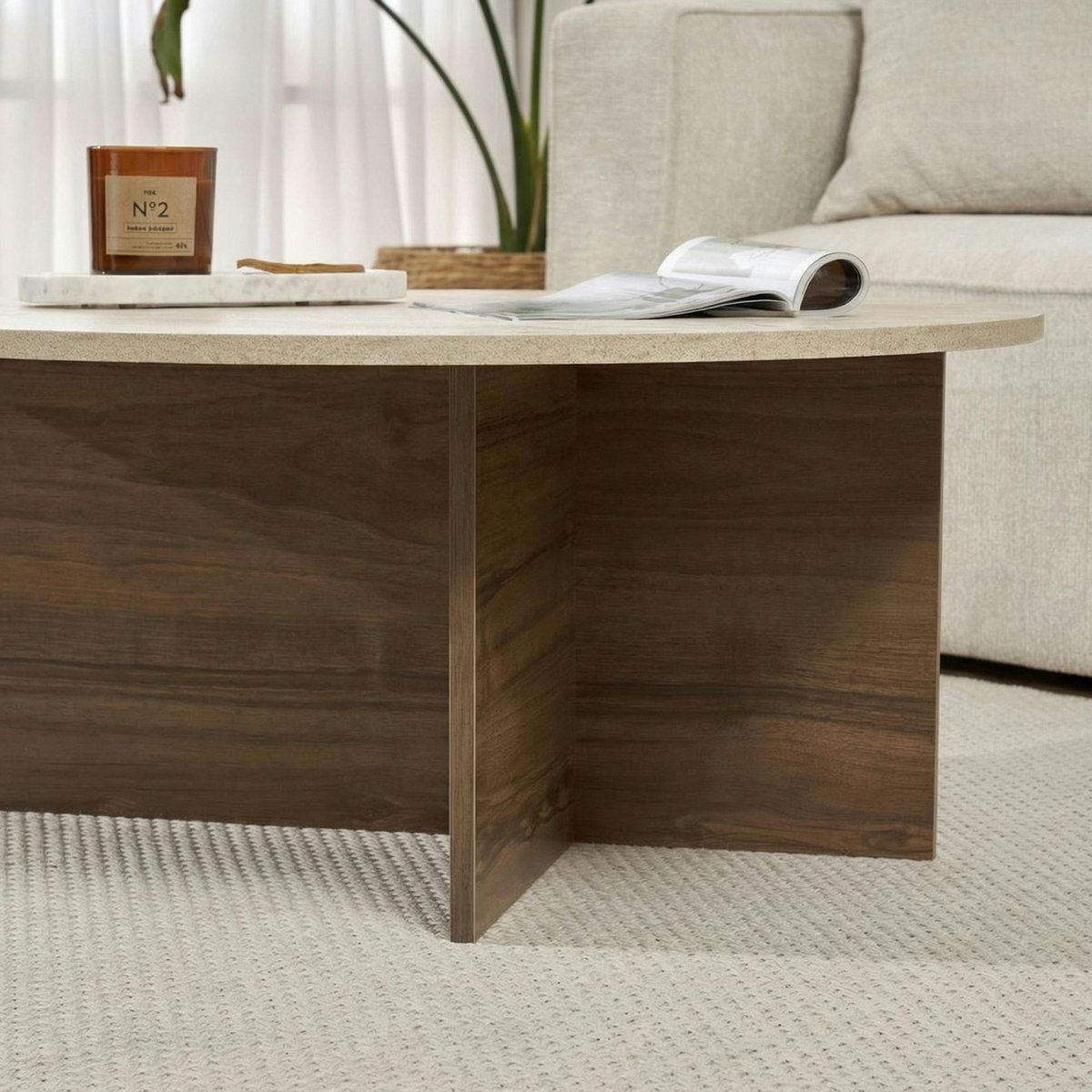 Table basse ronde décor travertin et noyer MARFA beige, PIER IMPORT