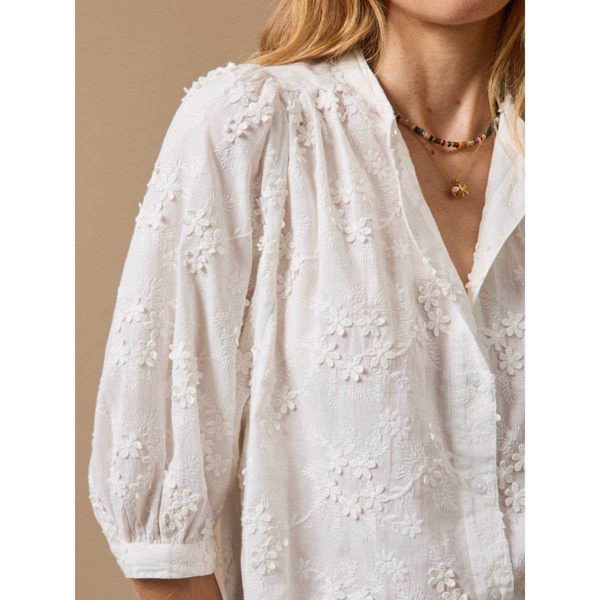 Blouse coton brodée fleurs 3D ecru, CYRILLUS