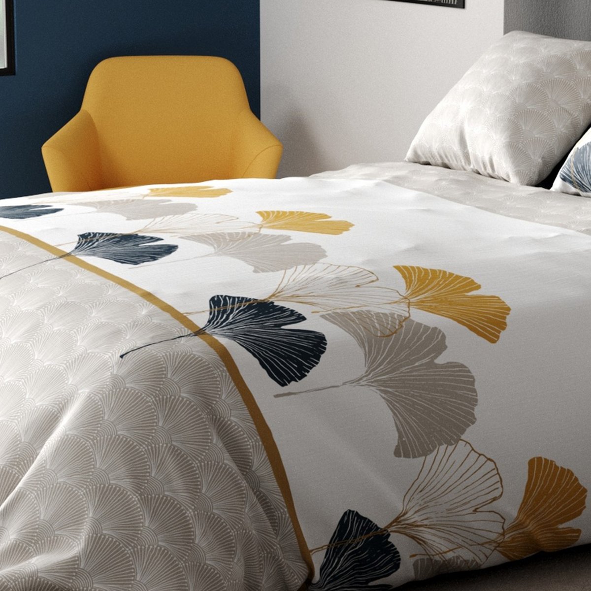 Parure de lit en 100% coton à motifs avec housse de couette + taie d’oreiller jaune, EDEN