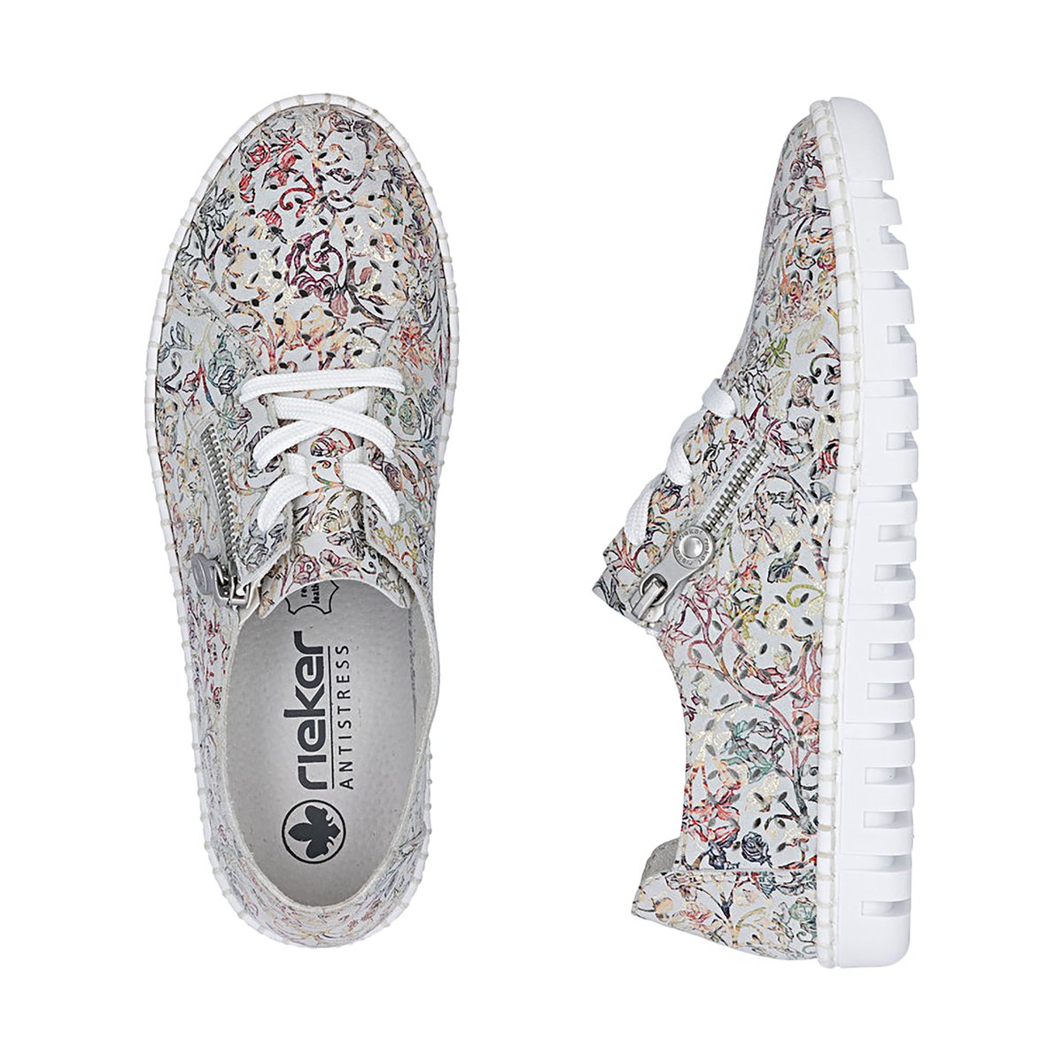 Tennis FEMME RIEKER® en cuir grises et à lacets et zip latéral blanc-multi, RIEKER
