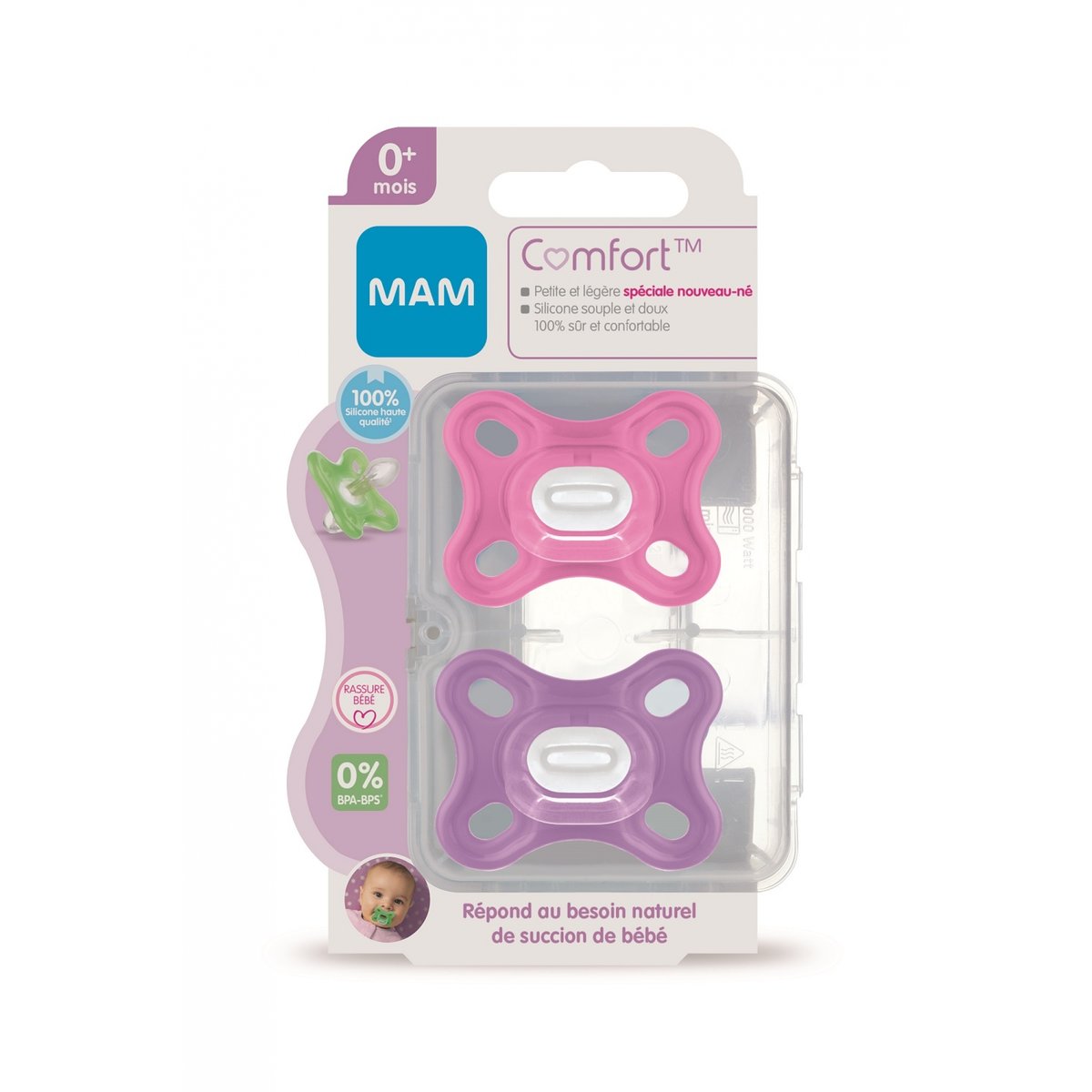 Lot de 2 sucettes Comfort 0 mois+ rose et violet, MAM