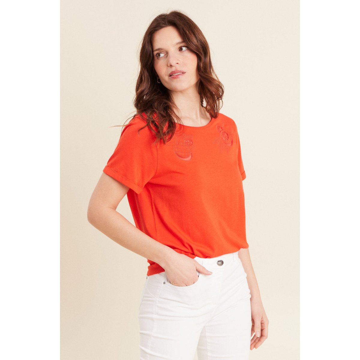 T-shirt manches courtes brodé orange foncé, BREAL