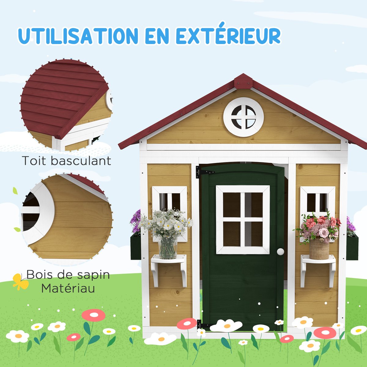 Maisonnette pour enfants Bois massif Beige beige, OUTSUNNY