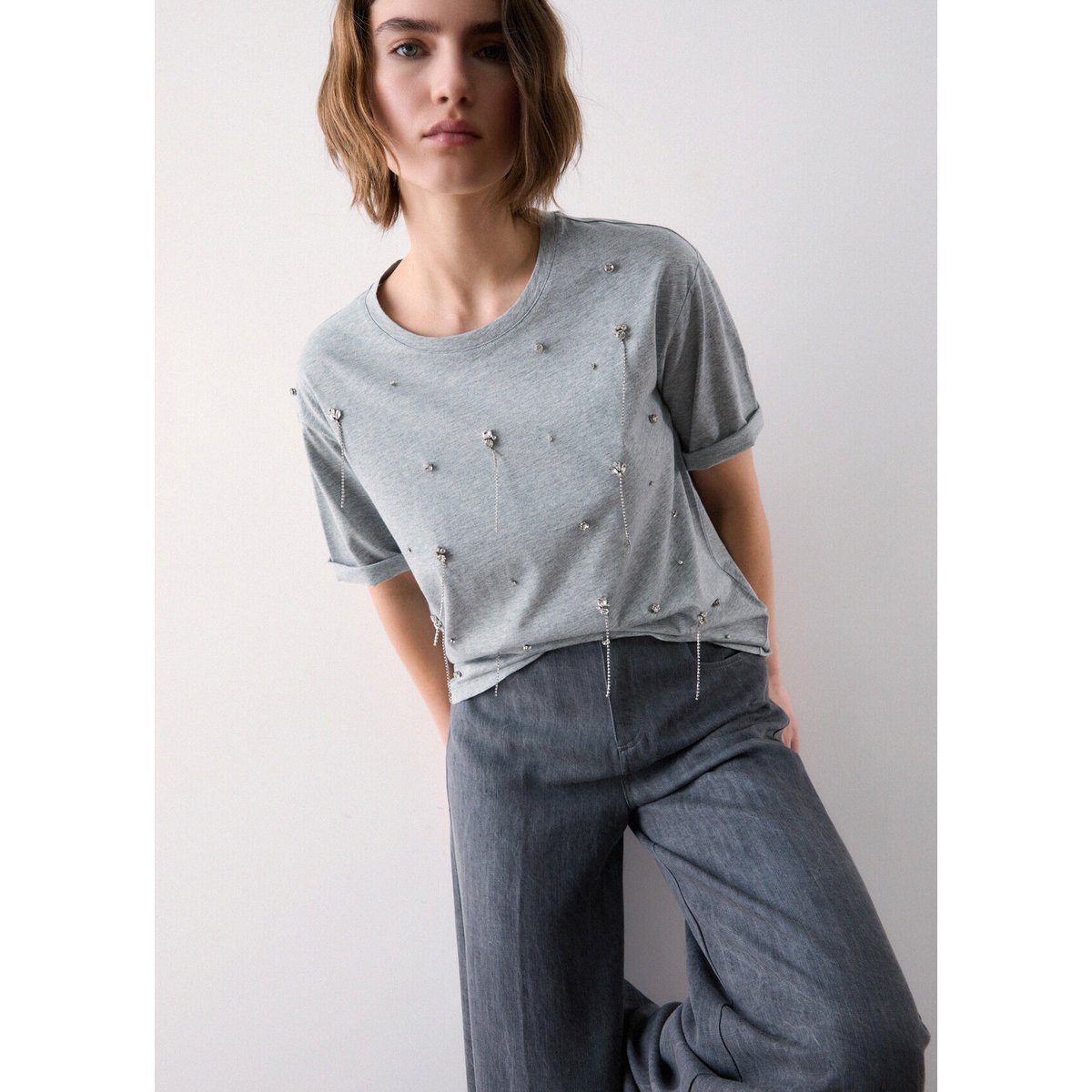 T-shirt avec broderies bijoux gris, LIU JO
