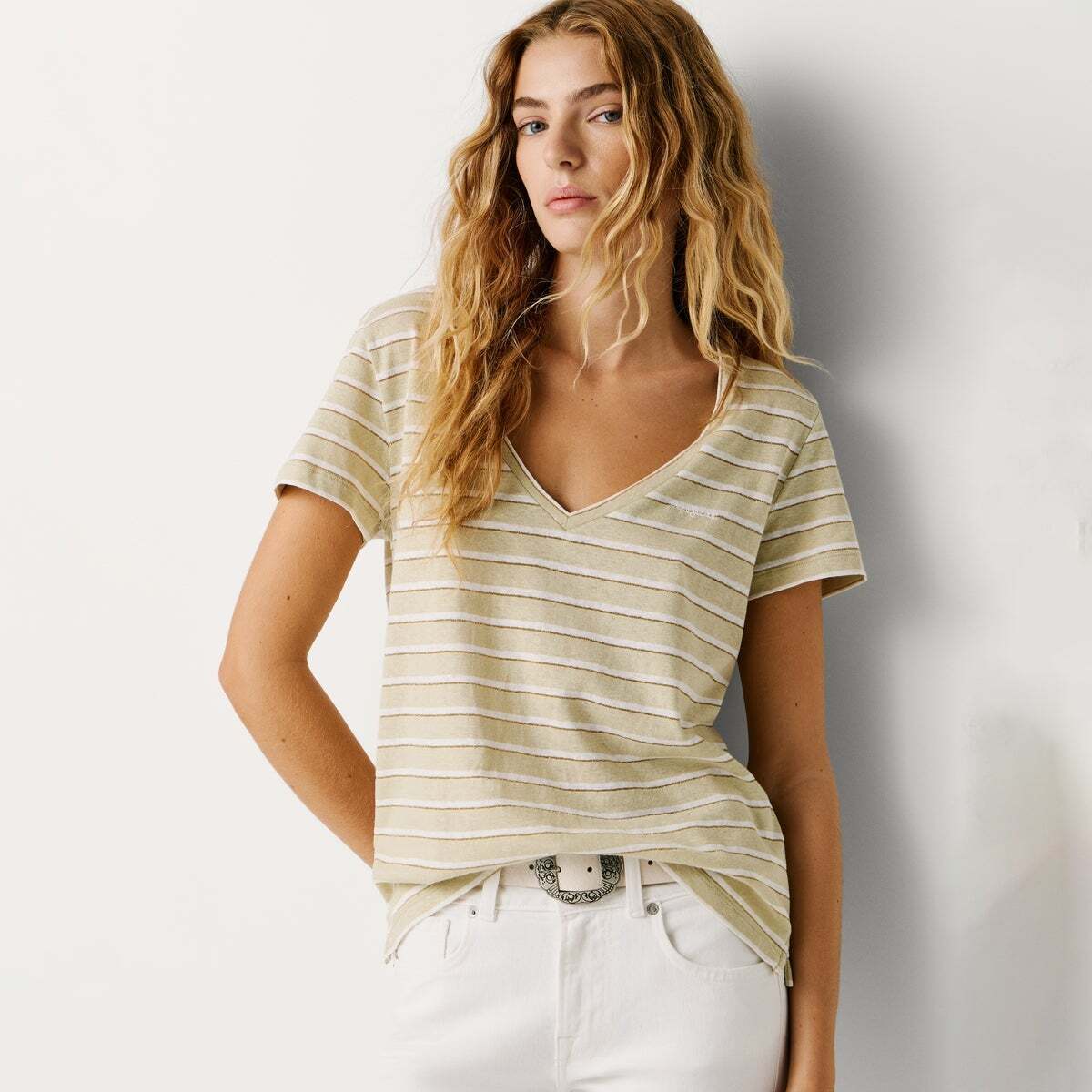 T-Shirt Col V À Rayures vert kaki clair, PEPE JEANS