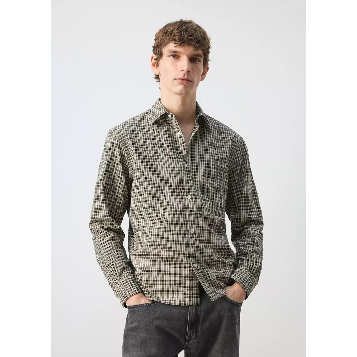 Chemise regular fit à carreaux en coton beige, MANGO MAN