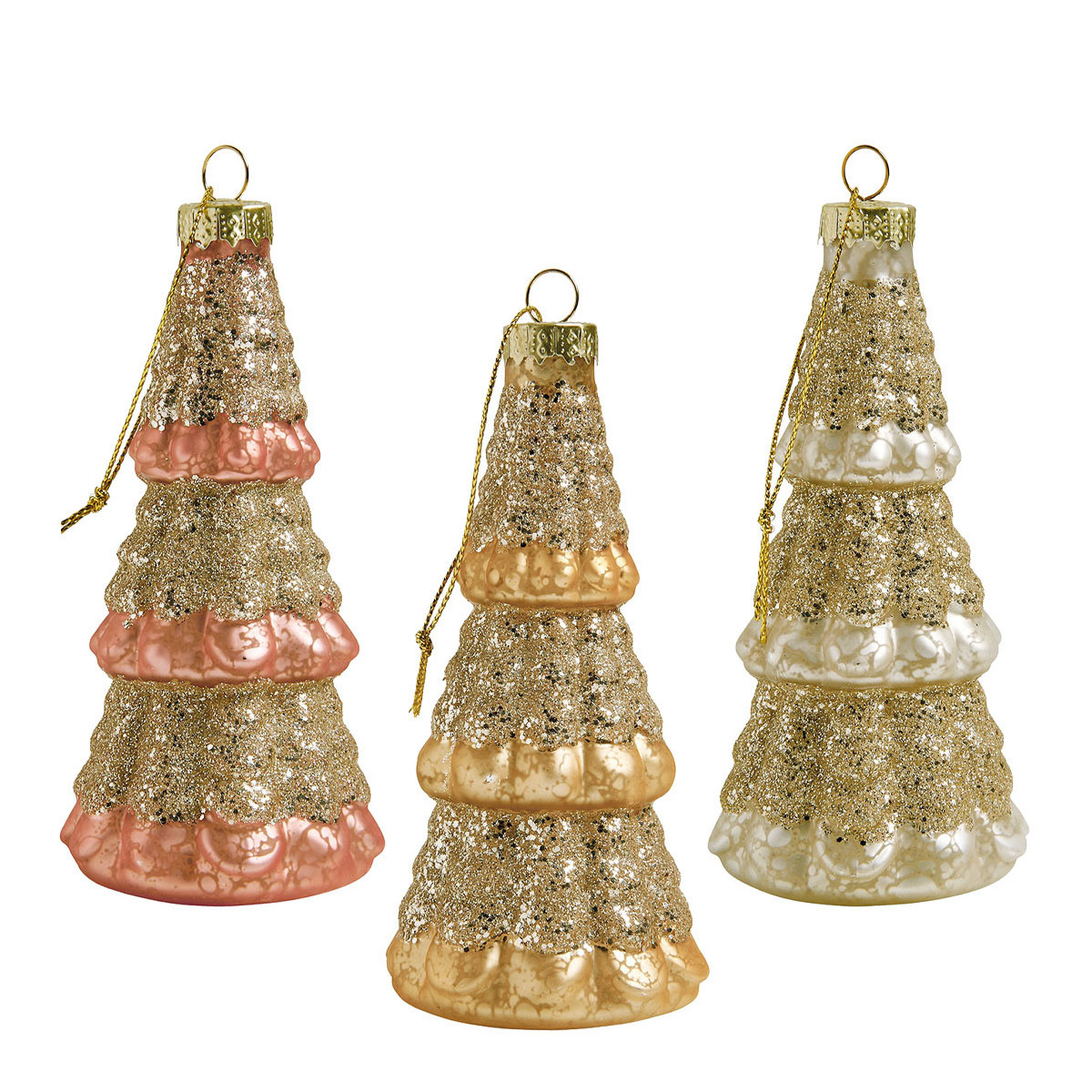 Coffret de 3 sapins pailletés en verre multi-couleurs, MATHILDE M