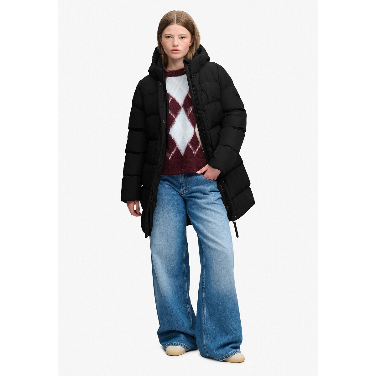 Chaqueta acolchada de largo medio con capucha Sports negro, SUPERDRY