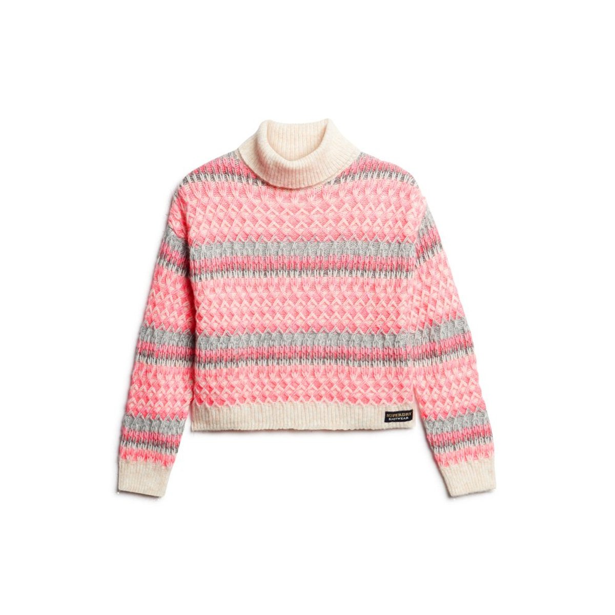 Pull col roulé crop à motifs graphiques ecru/rose, SUPERDRY