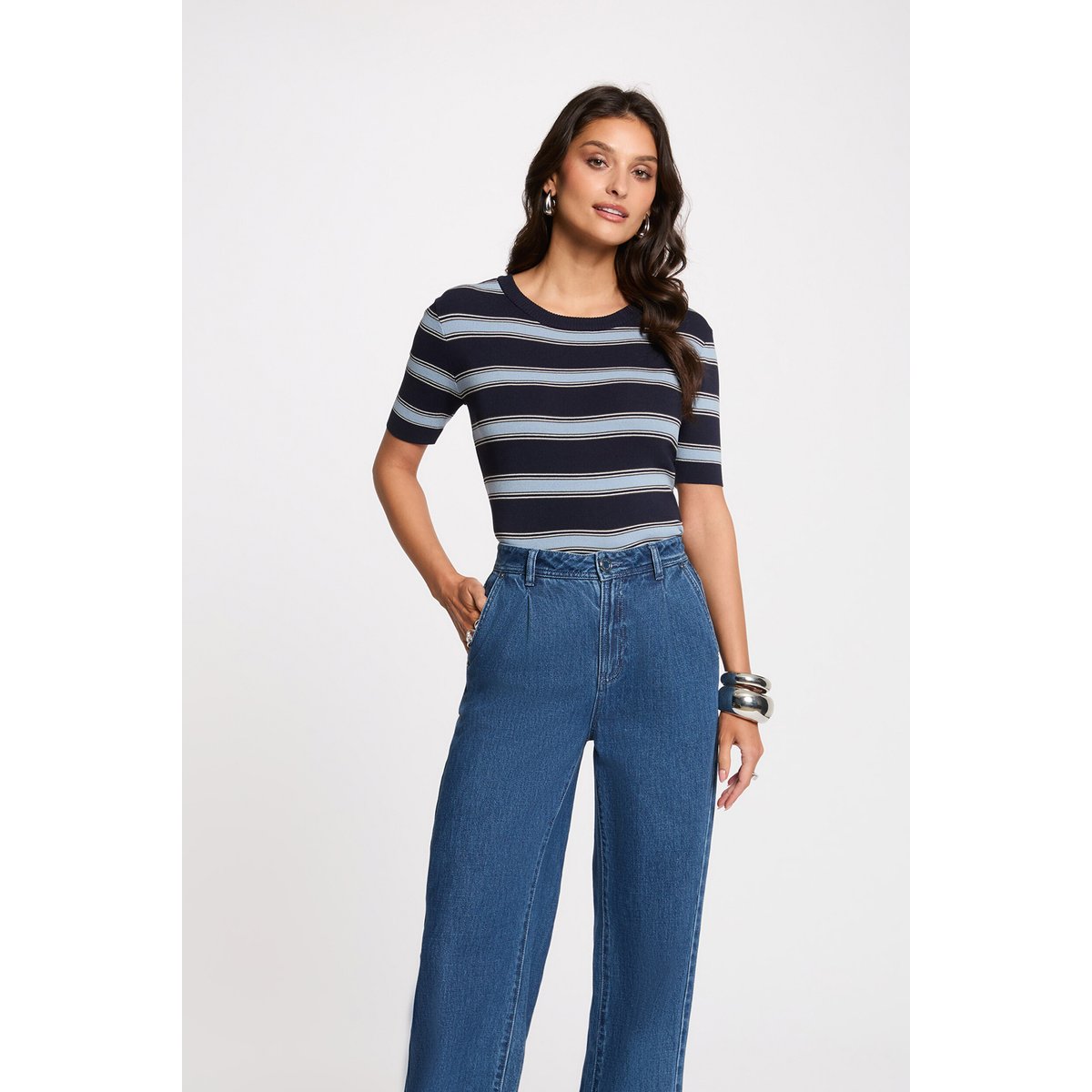 Pull ajusté manches courtes bleu marine, MORGAN