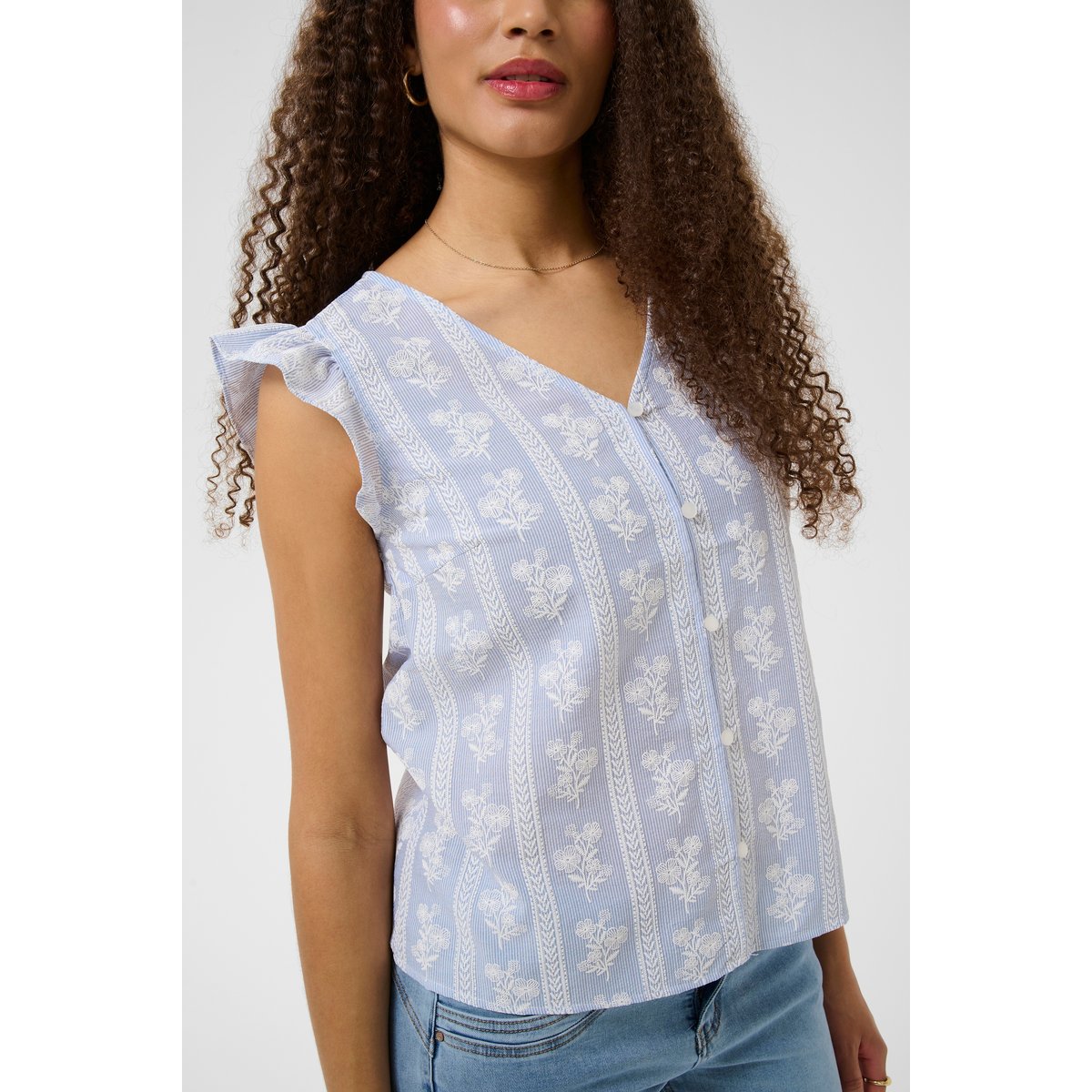 Blouse sans manches bleu blanc blue white stripes w. flowers, CREAM