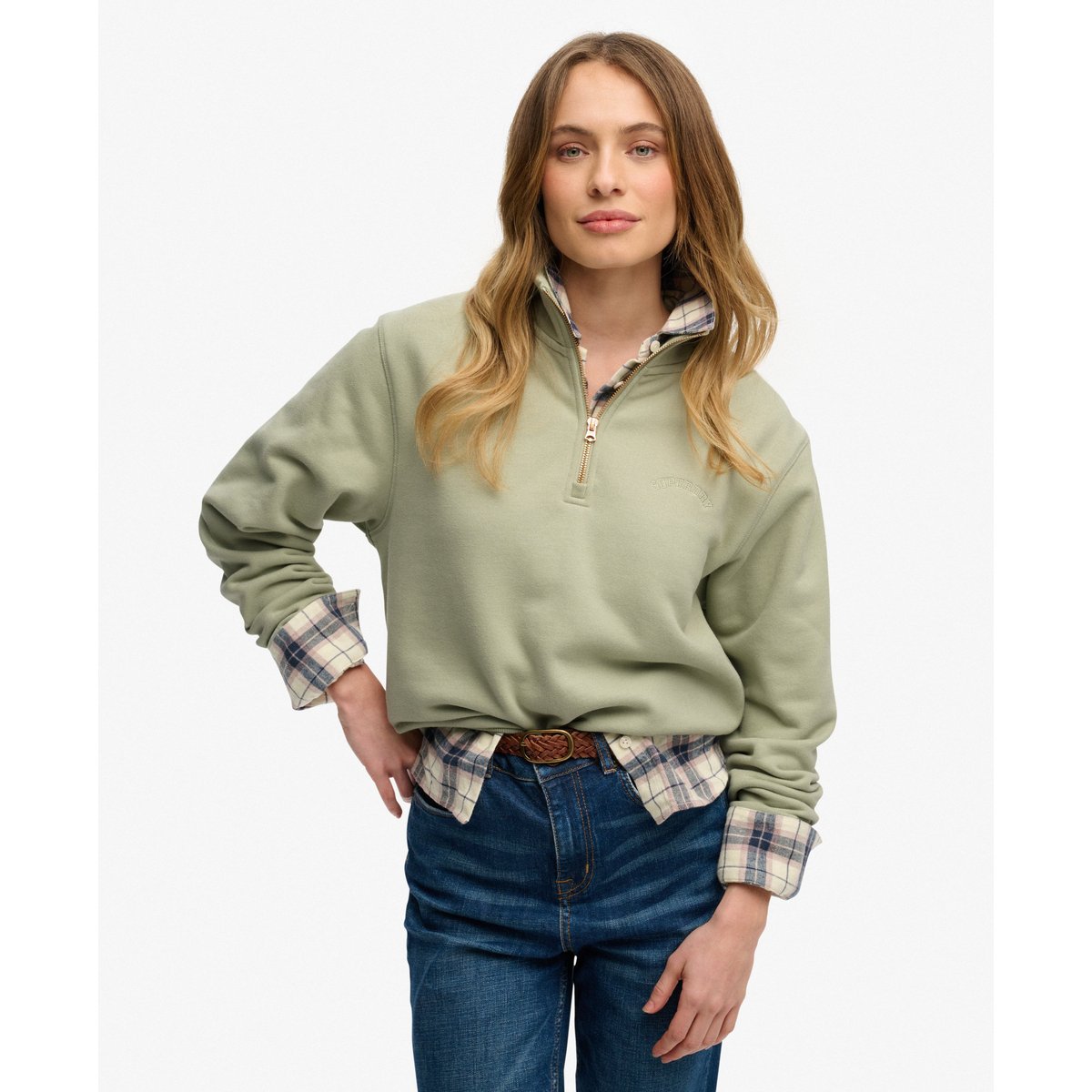 Pull à demi-zip avec logo brodé Essential sauge poussiéreuse, SUPERDRY