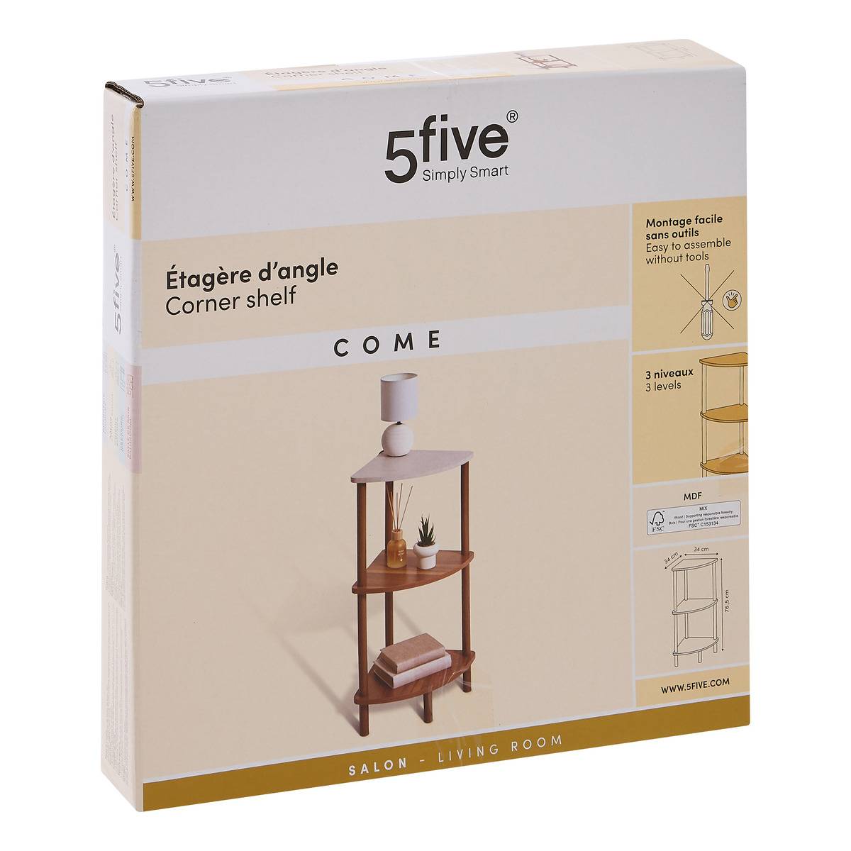 Étagère d'angle 3 niveaux effet marbre COME marron, 5FIVE SIMPLY SMART