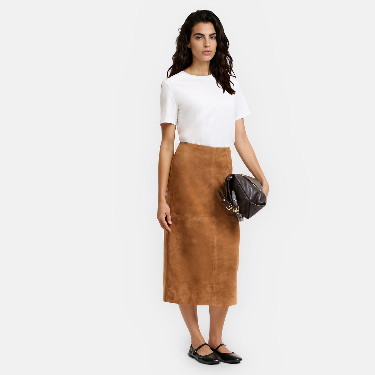 Jupe midi crayon en cuir de chèvre velours marron camel, LA REDOUTE COLLECTIONS