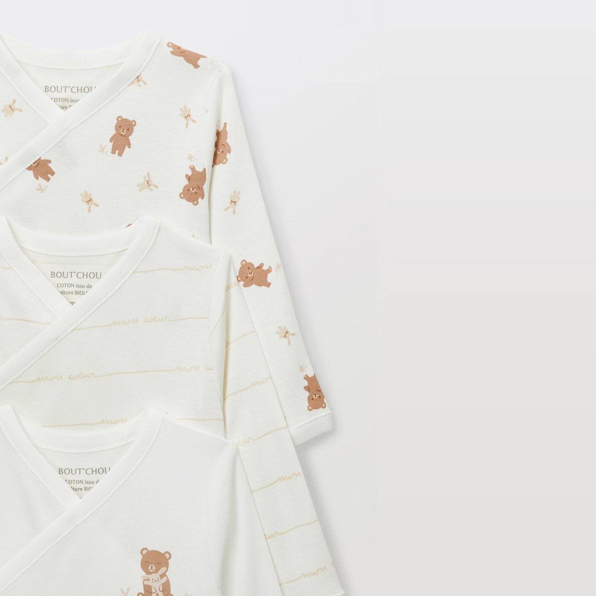 Lot de 3 bodies croisés manches longues uni en coton BIO GOTS ecru, BOUT'CHOU
