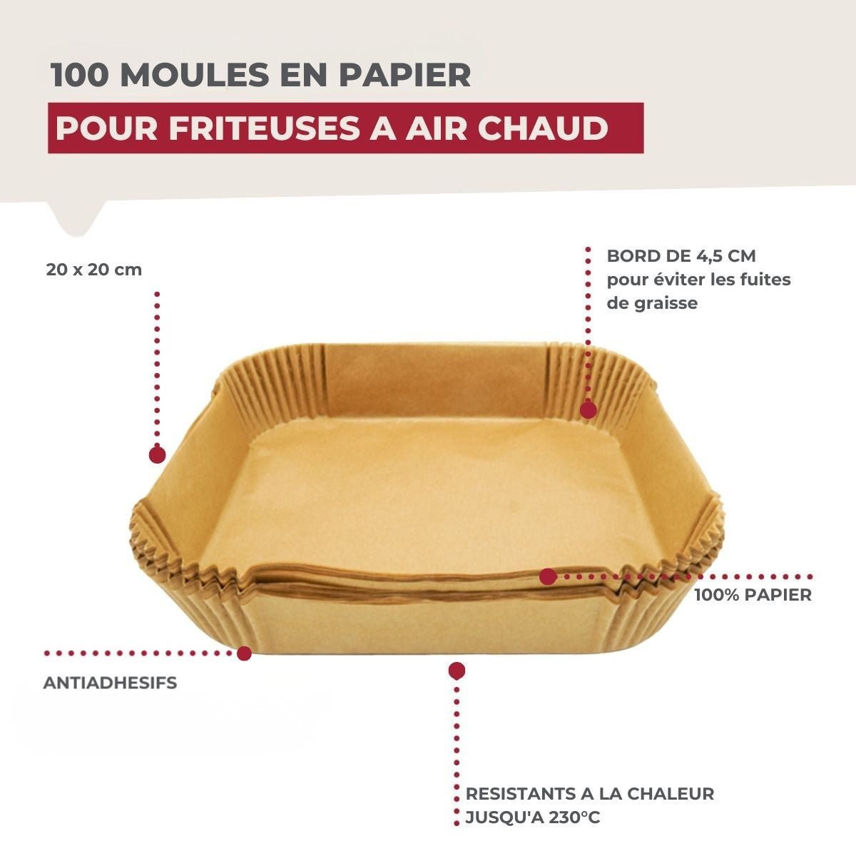 Ensemble de 100 Moules en papier air fryer carrés 20 cm Divers brun, FACKELMANN