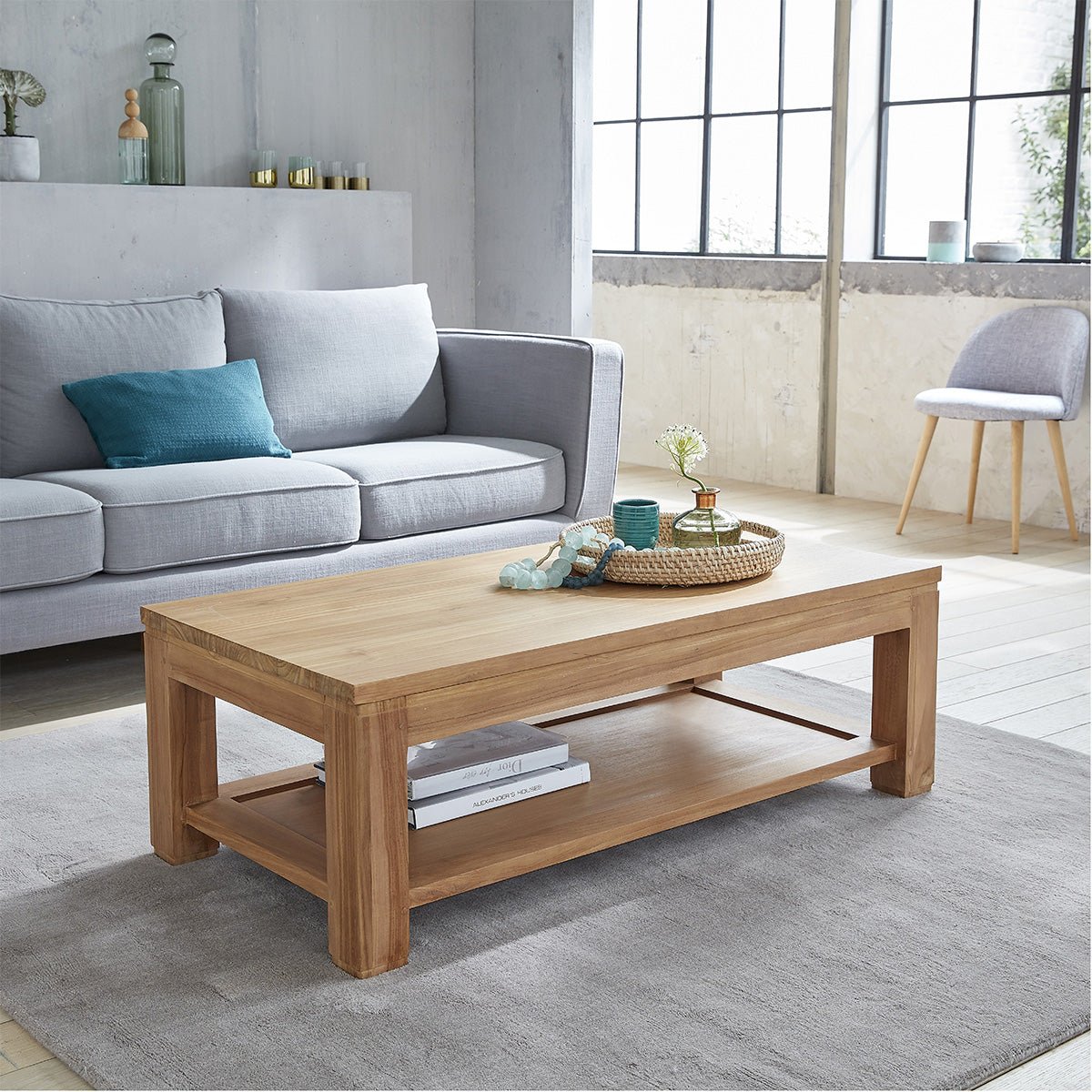 Table basse en teck massif 120 cm double plateau BOSTON naturel, BERAH GETAH