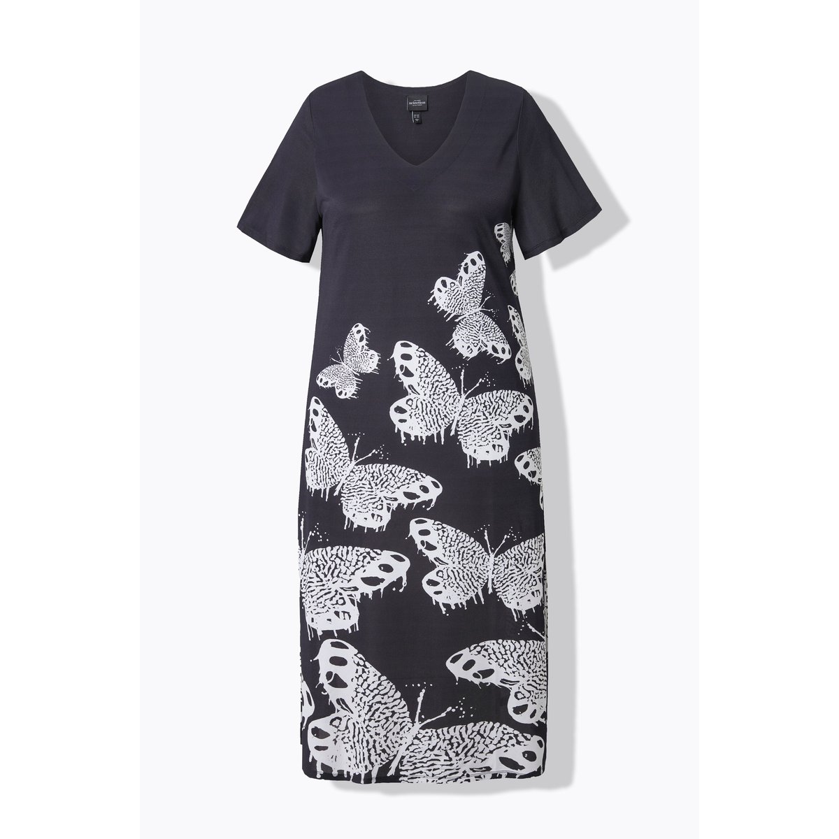 Robe midi fluide, motif papillons noir, ULLA POPKEN