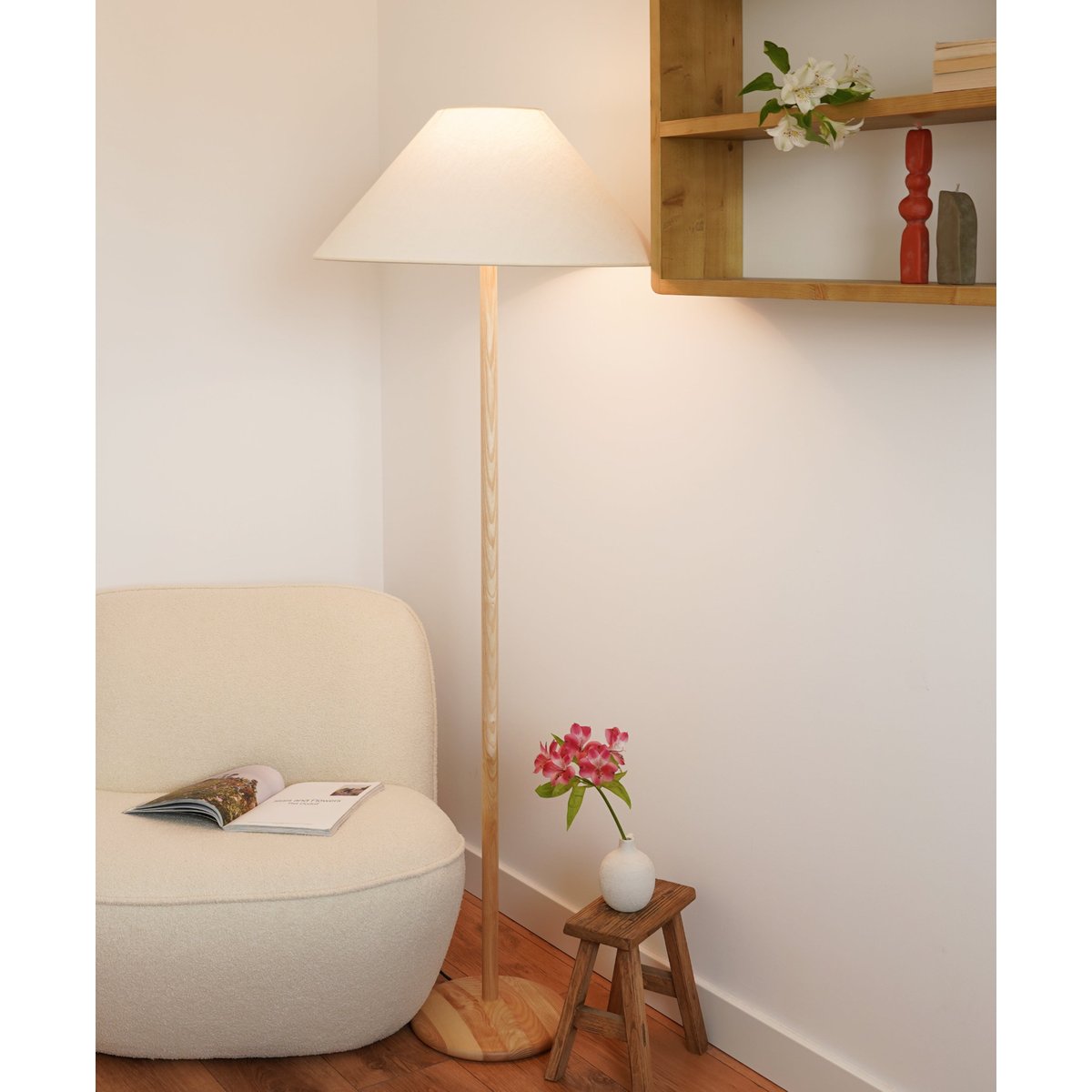 Lampadaire frêne beige abat-jour lin - SERA beige, HANNUN