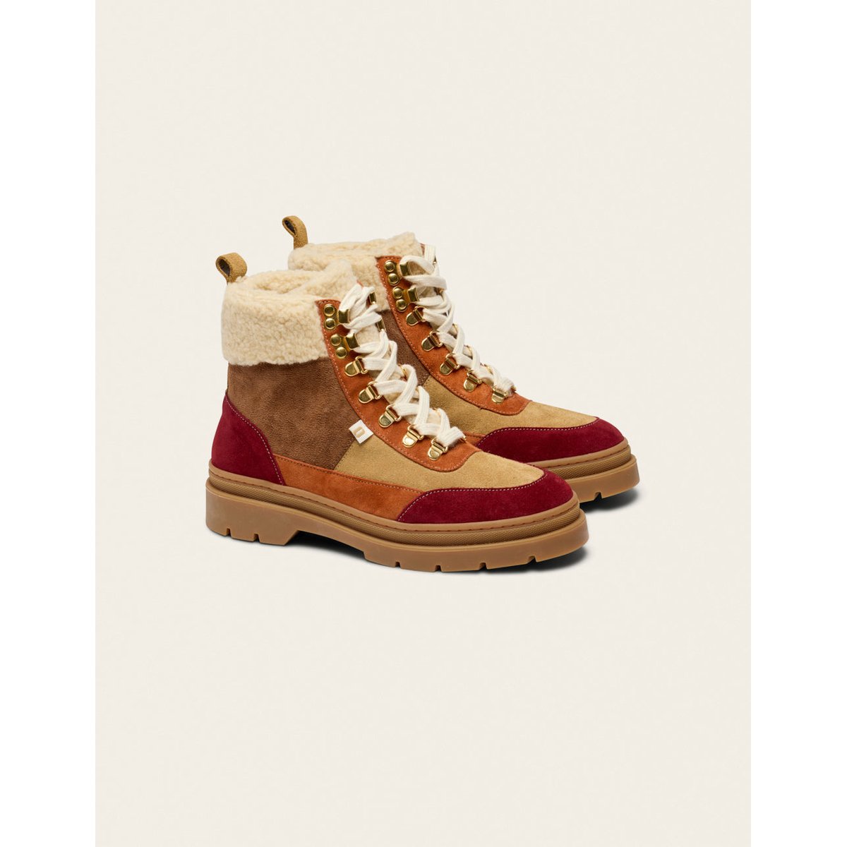 Bottines à lacets JOELLE suède fourré bordeaux beige terracotta, ODAJE