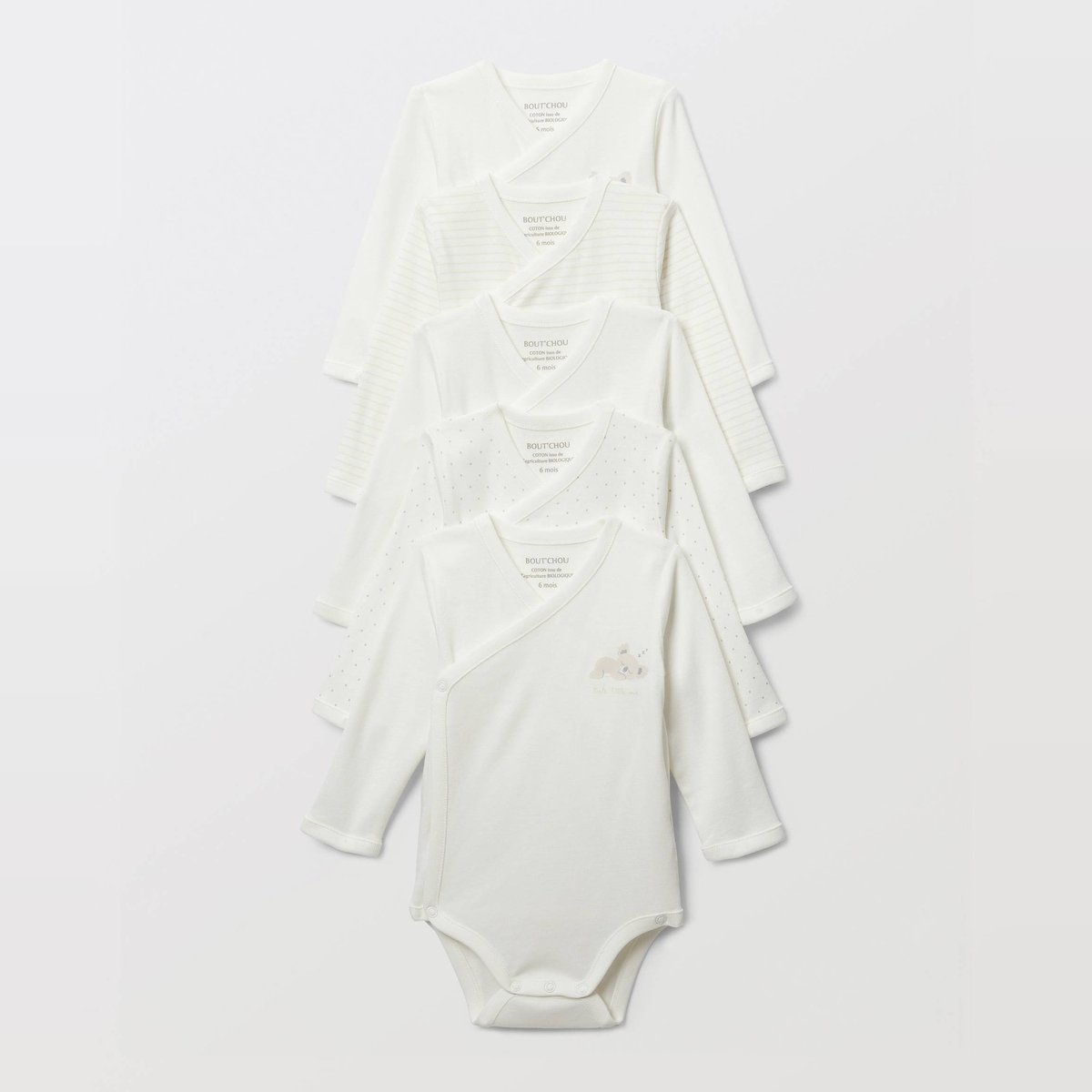 Lot de 5 bodies croisés manches longues imprimé en coton BIO GOTS ecru, BOUT'CHOU