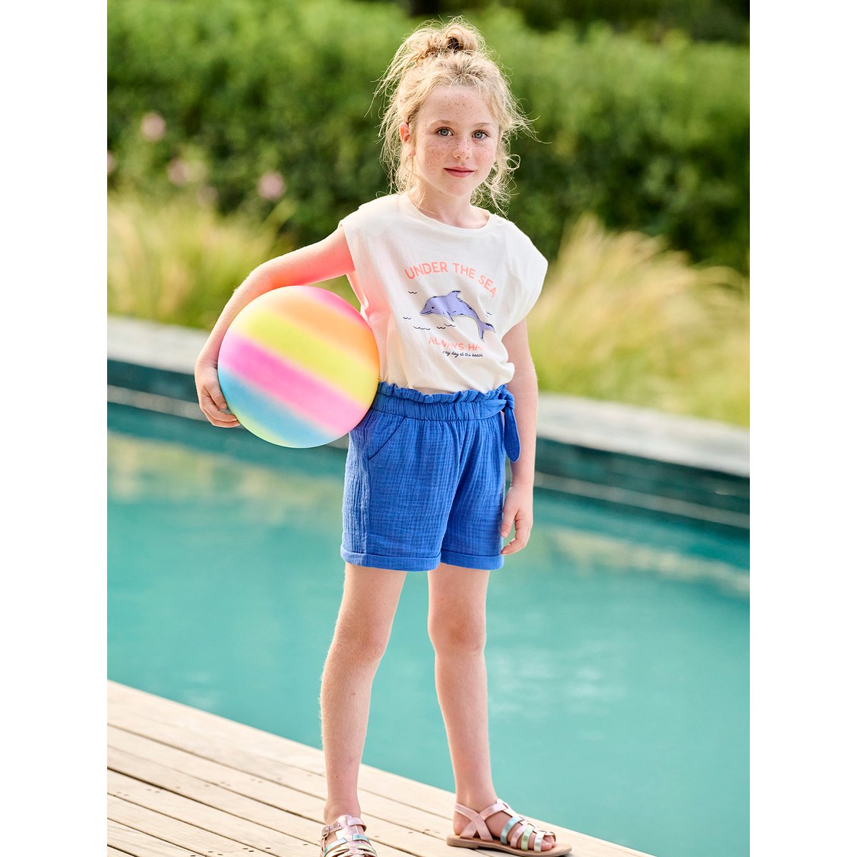 Short en gaze de coton style "paperbag" bleu électrique, VERTBAUDET