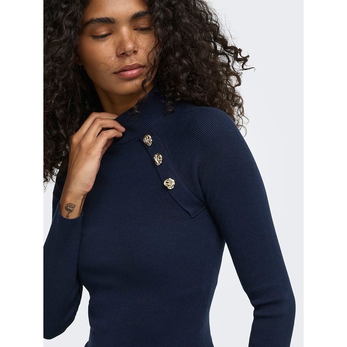 Tight High Neck Button Detail Jumper navy blue, ONLY