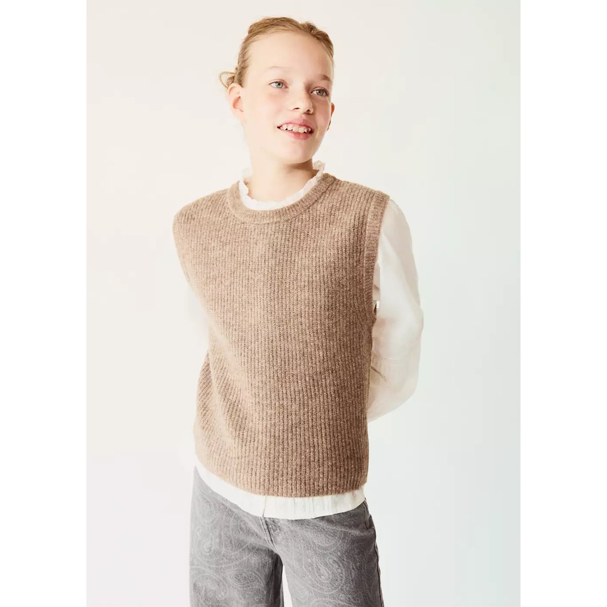 Pull-over maille volants marron moyen, MANGO KIDS