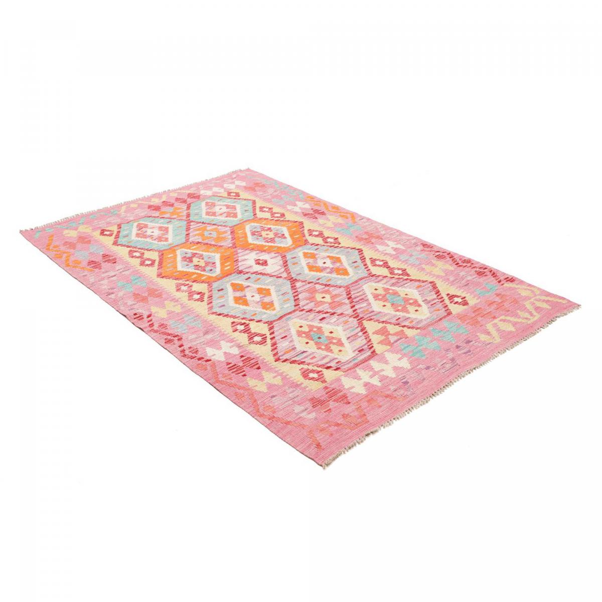 Tapis kilim, motif géométrique, tissé plat en laine naturelle rose, bleu, orange, UN AMOUR DE TAPIS