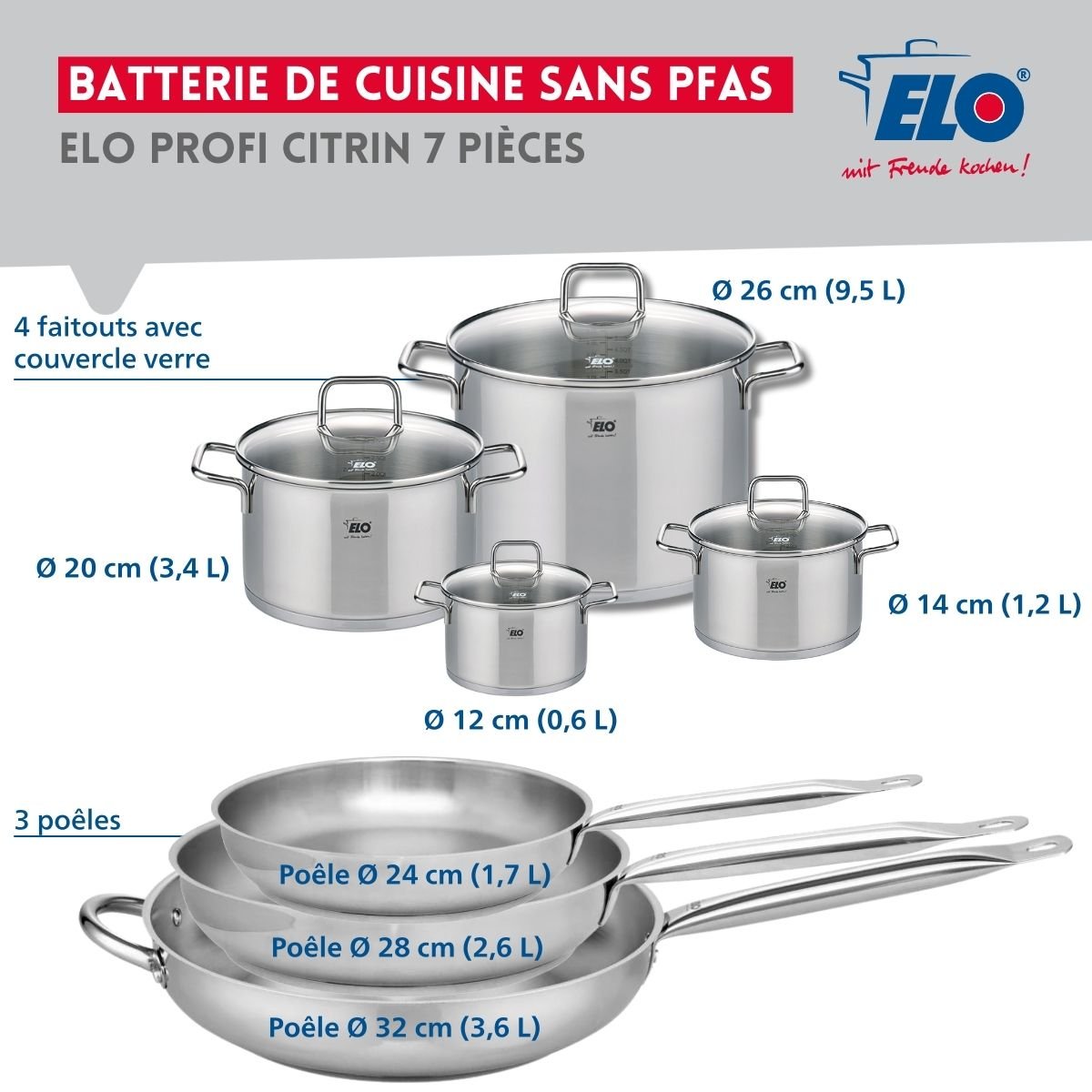 3 poêles 24/28/32cm + 4 faitouts 12/14/20/26cm PROFI CITRIN gris, ELO