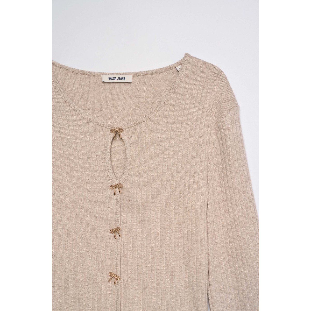 PULL EN MAILLE CÔTELÉE AVEC NOEUDS marron, SALSA JEANS