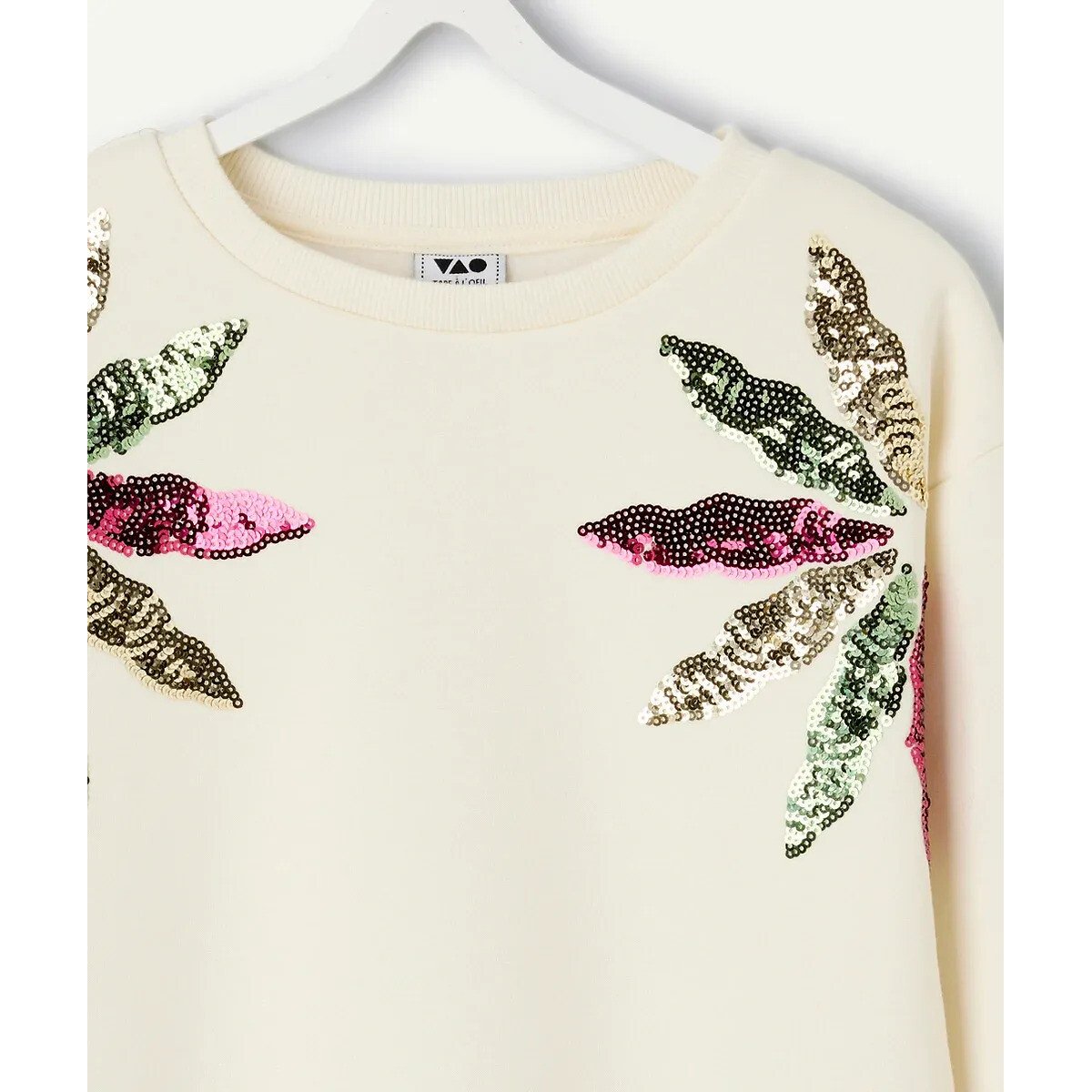 Sweat col rond avec sequins, en molleton ecru, TAPE A L'OEIL